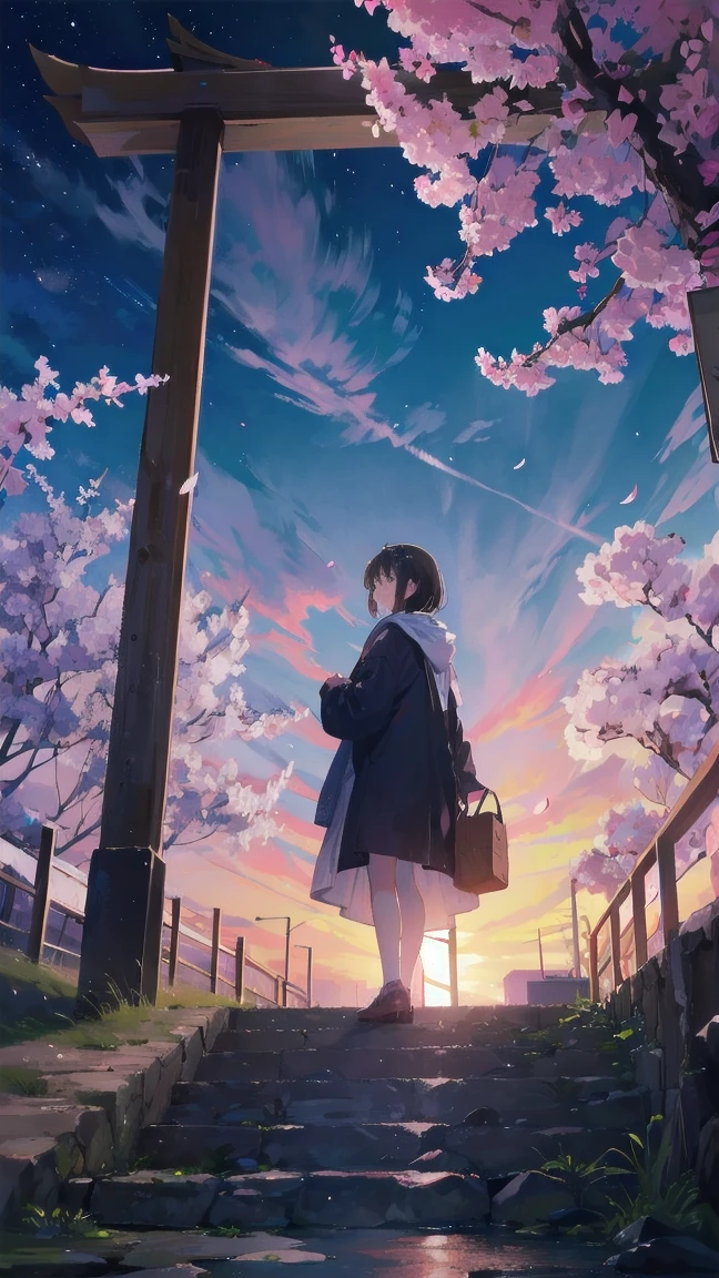 見上げるgirl シーン 1: Shadow of cherry blossoms at dusk A girl standing quietly with the sky behind her, Blue colored. 彼女の目の前にそびえ立つのはバベルのtowerと呼ばれる巨大なcherry blossomsだ. shape, Like piercing the clouds, It&#39;nice&#39;Getting to the sky. girl&#39;視線はcherry blossomsの頂上に向けられている.. tower, Bathed in the morning light, Creates a fantastic atmosphere. cherry blossomsの表面には複雑な模様が刻まれている.. old-fashioned. girl seemed to sense something deep within the cherry blossoms.. Is it a memory of a classic story?、Or is it a longing for an unknown fantasy world???? Scene 2: Starry sky memories, Countless stars twinkle in the blue sky、少女はtowerの頂上に立つ. At her feet, The city lights shine like jewels. girl takes a deep breath. 春風の匂いとtowerの古い匂いが混じる. girl&#39;A famous story played out in my head... girl read a story of adventure and friendship.。 . The main character of the story, girlのように, バベルのtowerに登りました. There, She met her friends、Overcoming various difficulties. one day、The girl had a dream。, Like the main character, I&#39;Let&#39;s go on an adventure. Scene 3: 朝焼けの約束 朝日の光がtowerを照らす頃、少女はtowerを出た. please reconsider, towerは朝日に輝いて神々It even seemed. 少女はいつかまたこのtowerに登ると決めた. And she, She vows to tell the rest of the story. step by step, girl walked into the future,cherry blossoms,散らばるcherry blossoms,beautiful sky,black hair,short bob
