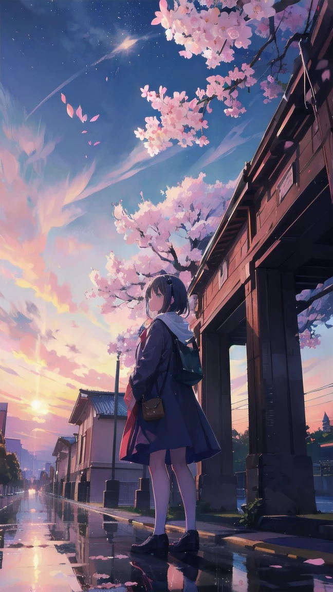 見上げるgirl シーン 1: Shadow of cherry blossoms at dusk A girl standing quietly with the sky behind her, Blue colored. 彼女の目の前にそびえ立つのはバベルのtowerと呼ばれる巨大なcherry blossomsだ. shape, Like piercing the clouds, It'nice'Getting to the sky. girl'視線はcherry blossomsの頂上に向けられている.. tower, Bathed in the morning light, Creates a fantastic atmosphere. cherry blossomsの表面には複雑な模様が刻まれている.. old-fashioned. girl seemed to sense something deep within the cherry blossoms.. Is it a memory of a classic story?、Or is it a longing for an unknown fantasy world???? Scene 2: Starry sky memories, Countless stars twinkle in the blue sky、少女はtowerの頂上に立つ. At her feet, The city lights shine like jewels. girl takes a deep breath. 春風の匂いとtowerの古い匂いが混じる. girl'A famous story played out in my head... girl read a story of adventure and friendship.。 . The main character of the story, girlのように, バベルのtowerに登りました. There, She met her friends、Overcoming various difficulties. one day、The girl had a dream。, Like the main character, I'Let's go on an adventure. Scene 3: 朝焼けの約束 朝日の光がtowerを照らす頃、少女はtowerを出た. please reconsider, towerは朝日に輝いて神々It even seemed. 少女はいつかまたこのtowerに登ると決めた. And she, She vows to tell the rest of the story. step by step, girl walked into the future,cherry blossoms,散らばるcherry blossoms,beautiful sky,black hair,short bob