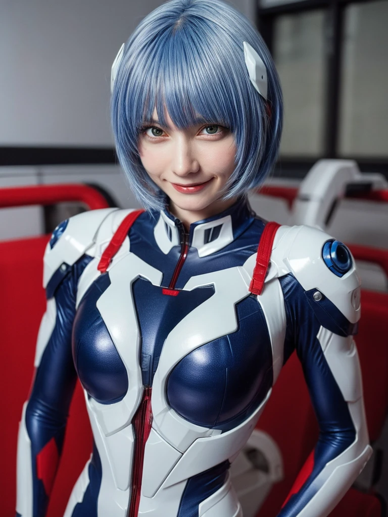 (One Girl:1.3), Japanese high school students, Great face and eyes, Looking into the camera, A joyful smile、Showing teeth、 (Highest quality:1.4), Very detailed CG 統合 8k 壁紙, Very detailed, 高解像度のRAWカラーphotograph, プロのphotograph撮影, Realistic full boDy shot, Studio shot、Portrait of sexy girl, Open appearance, Ultra-high resolution,Highest quality,photograph,4K,(Realistic:1.2),One Girl,:D,ayanami_Cosplay_Costume,Plug Suit,Blue Hair,Ayanami Rei,Pilot Suit,Cosplay,Interface Headset,Hair Pod,gloves,Braces,Perfect fit for your skin,(Short Hair:1.8)、slim、on the train、Dark Eyes、Cleavage,(Nipples are visible),((Small breasts)),
