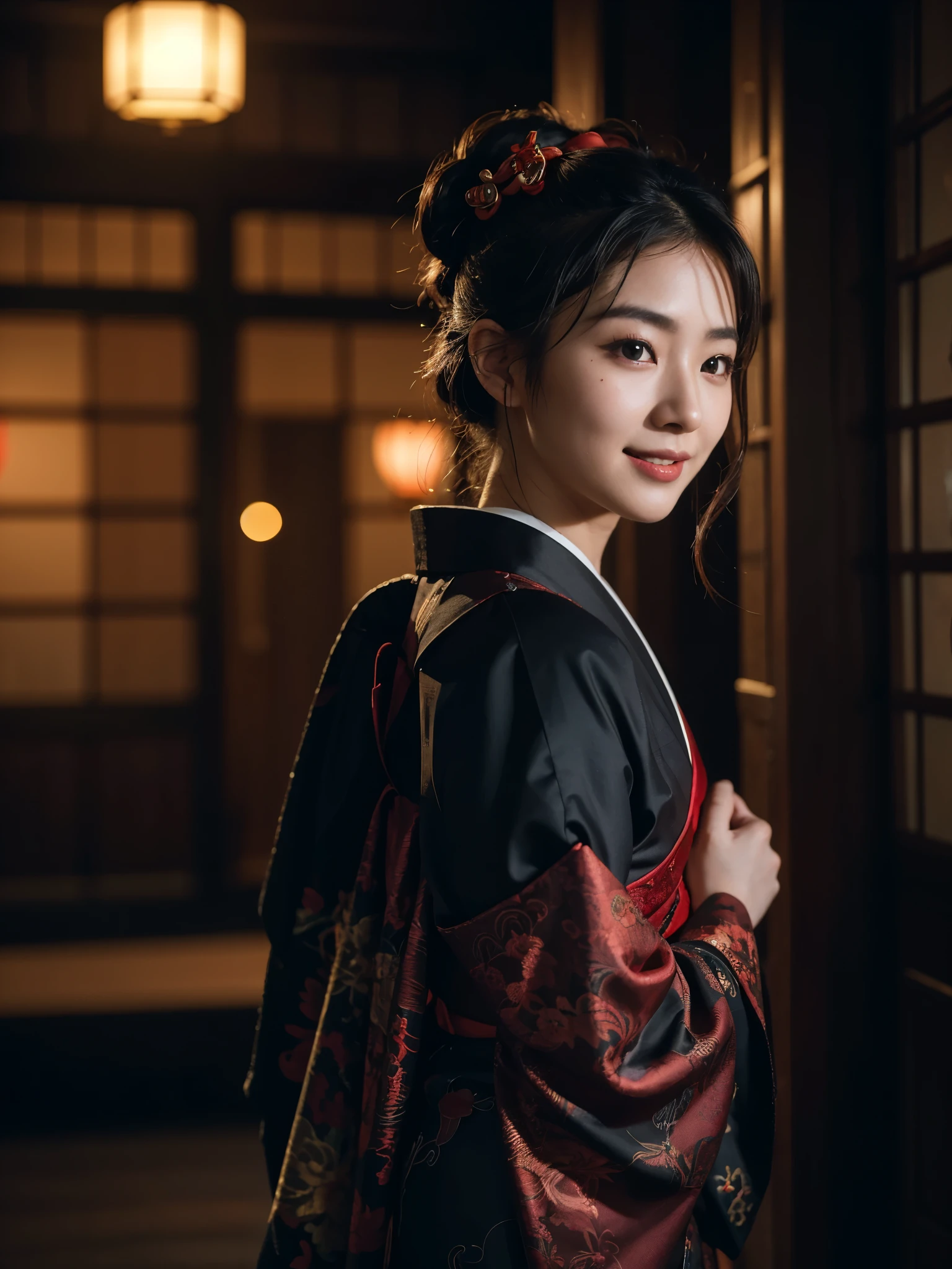 8k Uhd, Dslr,Film Grain, Fujifilm XT3,(Best Quality:1.3), (Masterpiece:1.1), High Resolution, Cinematic Light, Intricate Details, (Photorealistic) (night scene) a realistic backlight dramatic red tone light photography full body of a beautiful japanese geisha girl, ((facial texture pore detail)), grin demonic smile, simple messy hairdo, wearing satin black kimono with traditional dragon motif, open shoulder, full body colourful dragon tattoo, holding long katana blade, inside traditional villa, 8K, bokeh foreground