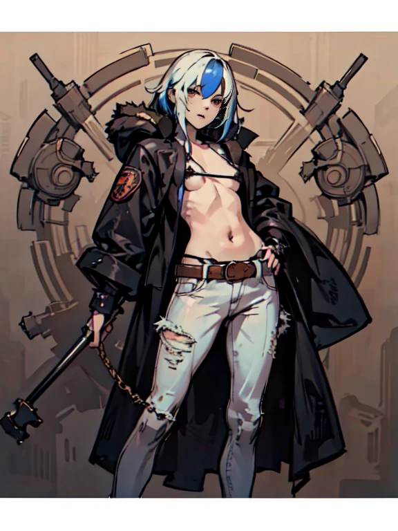 highest quality, High resolution,（White fur coat and denim pants）, colorful, （cyberpunk style）, High contrast and highly detailed, Horror Concept Art, circus, crazy illustration, flat illustration、small eyes、small breasts, Mr.々colored hair, realistic, masterpiece, super detailed, 8K, epic realistic, beautiful
