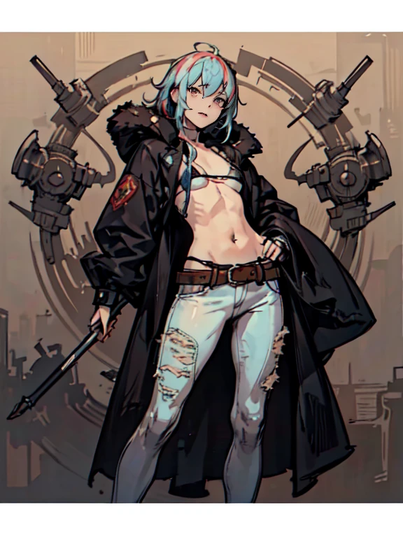 highest quality, High resolution,（White fur coat and denim pants）, colorful, （cyberpunk style）, High contrast and highly detailed, Horror Concept Art, circus, crazy illustration, flat illustration、small eyes、small breasts, Mr.々colored hair, realistic, masterpiece, super detailed, 8K, epic realistic, beautiful
