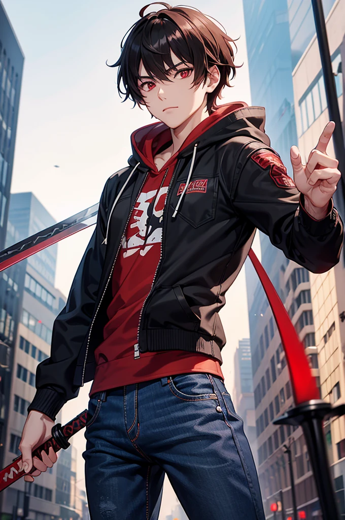 Handsome guy、male、red eyes、holding a sword、In the middle of a modern downtown area、The sword is stained red and black.、brown short hair、Black denim jacket、white hoodie、Black wide denim、positive、