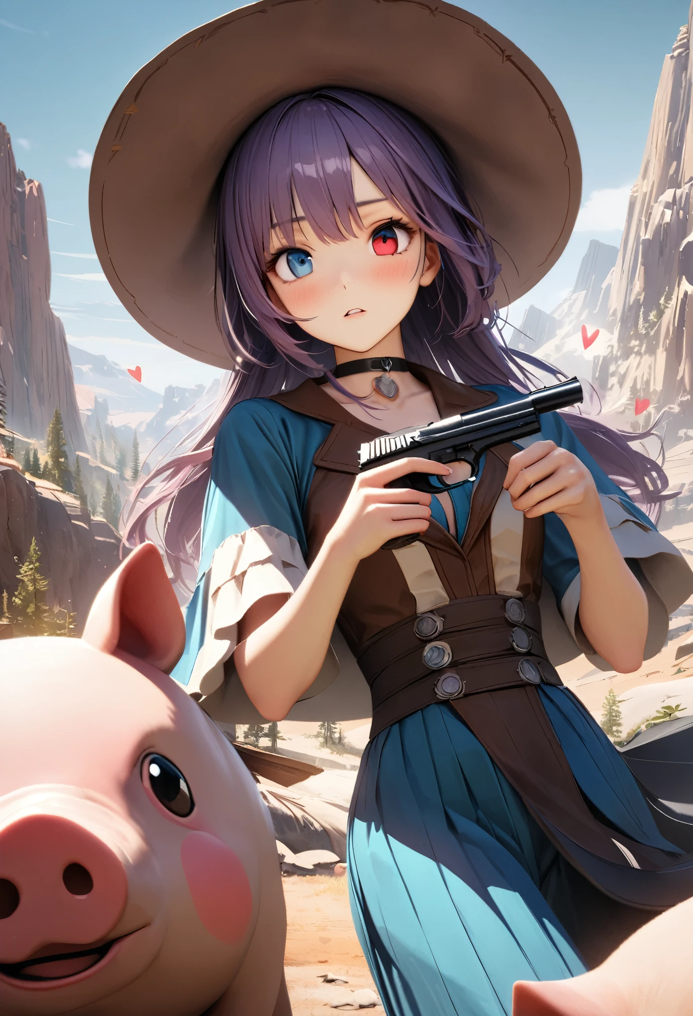 Masterpiece, Best Quality, Super Detailed, High Definition, Expensive Resolution, HDR, 4k, 8K, Unity 8k Wallpaper, Super Detailed CG, Masterpiece, Realistic, 2D, 3D, Beautiful Details, Depth, Fine Texture, Super Fine: 1.3, Complete concentration, crisp, skin, .he, very cute anime girl, ((red left eye, blue right eye, odd eye)), break, desolate wilderness, cowboy style costume, cowboy hat, cowboy boots, handgun, cute anime lots of pigs, Mexican wilderness, long purple hair in cowboy style costume, {blue right eye, red left eye, odd eyes}, Break, one girl, one person, long purple hair, cowboy style, cowboy hat, handgun, Dueling, cowboy boots under eyes, looking at camera, expensive, blush, mole, parted lips, hair ornament, heart, choker