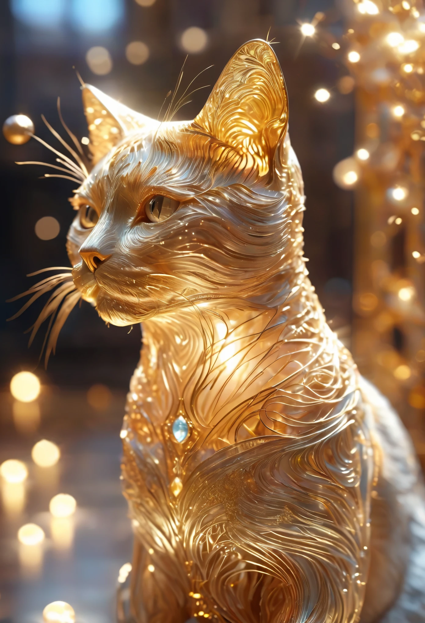 3D rendering of a cat,  All made of intricate, sparse, fine gold threads，hollow， Complex and detailed structure， glow，flashing ，Beard and facial details，Shallow depth of field focus on the cat&#39;s head，While the background has a soft bokeh effect，There is a ball of light inside the cat，Enhanced cat glow。The lighting is dramatic，并强调了纹理和金线的闪闪glow。