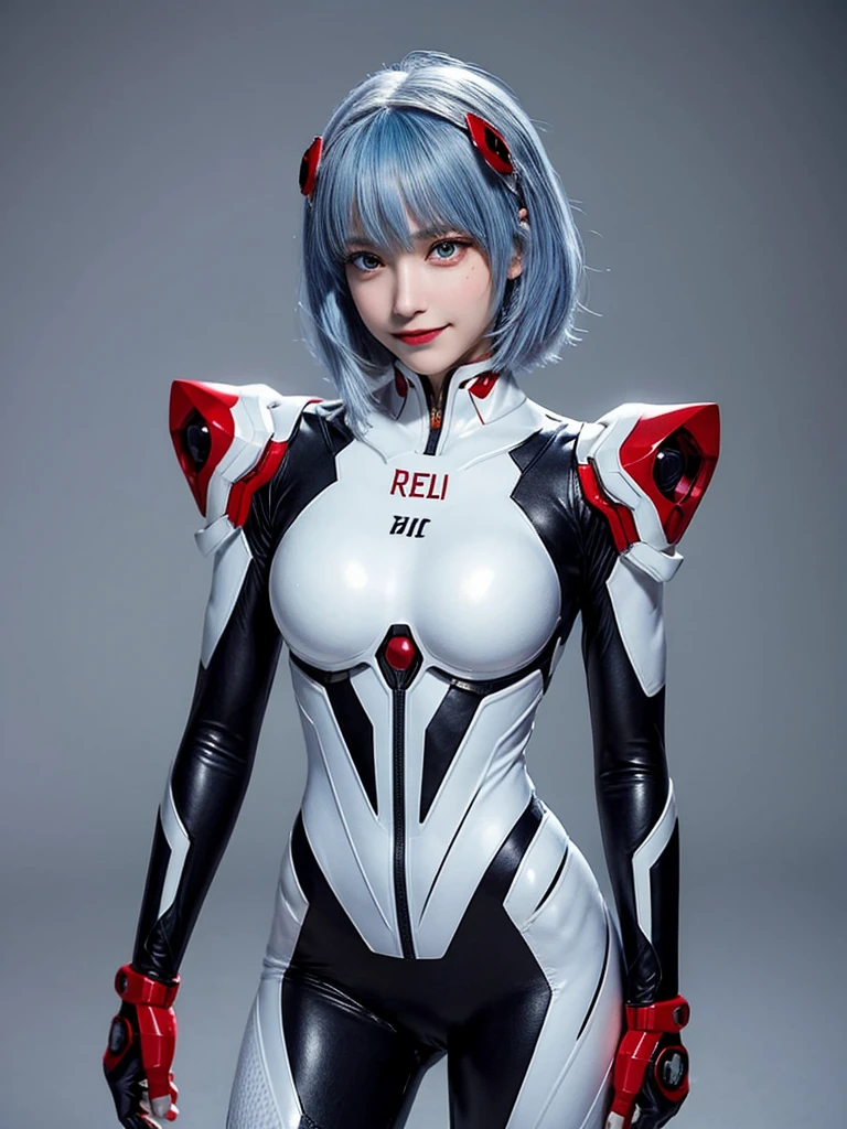 Masterpiece, highest quality, 8K, detailed skin texture, fine cloth texture, beautiful detailed face, intricate details, super detailed, portrait of Rei Ayanami, blue hair, red eyes, looking far away, no background, Evangelion Wearing a plug suit when riding, plug suit, whole body visible, standing, arms crossed, 15 years old, beautiful, cute, great style, smiling