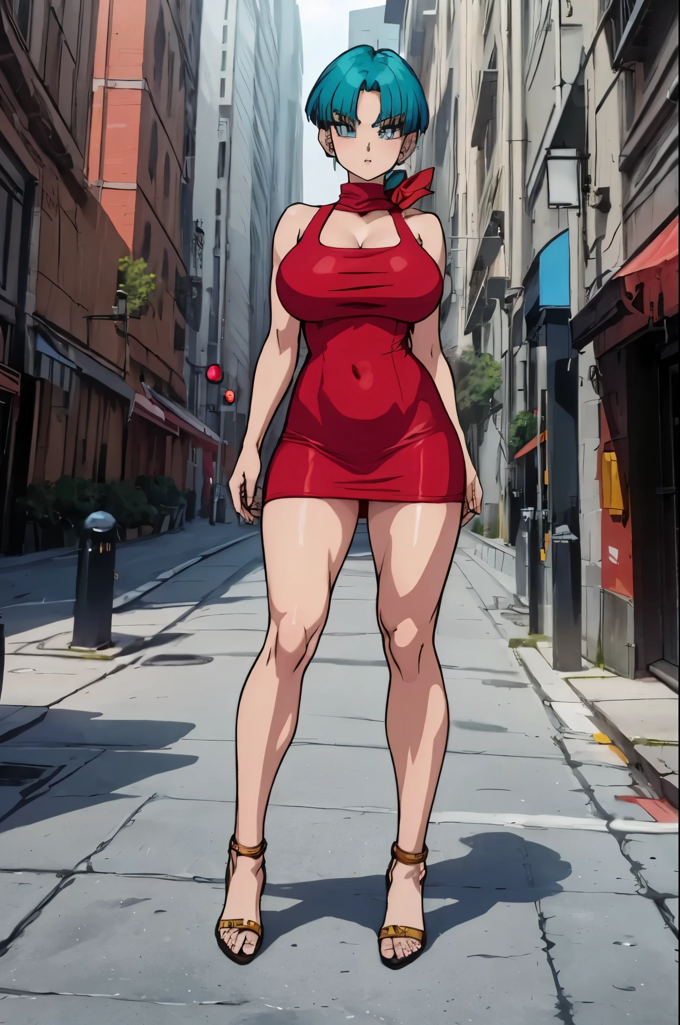 best qualty , full body visto desde abajo ((cabello verde corto)). (( anime bulma dragon ball z)) (( vestido rojo)) mujer 30 years old, ((cabello azul corto)), (( con curvas)),(( una bufanda amarilla)) (( vestido muy corto)) (( piernas fuertes)), (( cintura muy angosta)) hay una mujer con un vestido rojo y una bufanda amarilla, vestido apretado, vestimenta ajustada, succubus in short tight dress, vestido sexy, faye valentine, linda chica con traje de tanque, skinvestido apretado, better known as amaranto, amaranto, He wears a bathing suit, usando ropa sencilla y ajustada, cintura delgada y caderas gruesas , alto detalle 8K, piel perfecta. 12K HDR