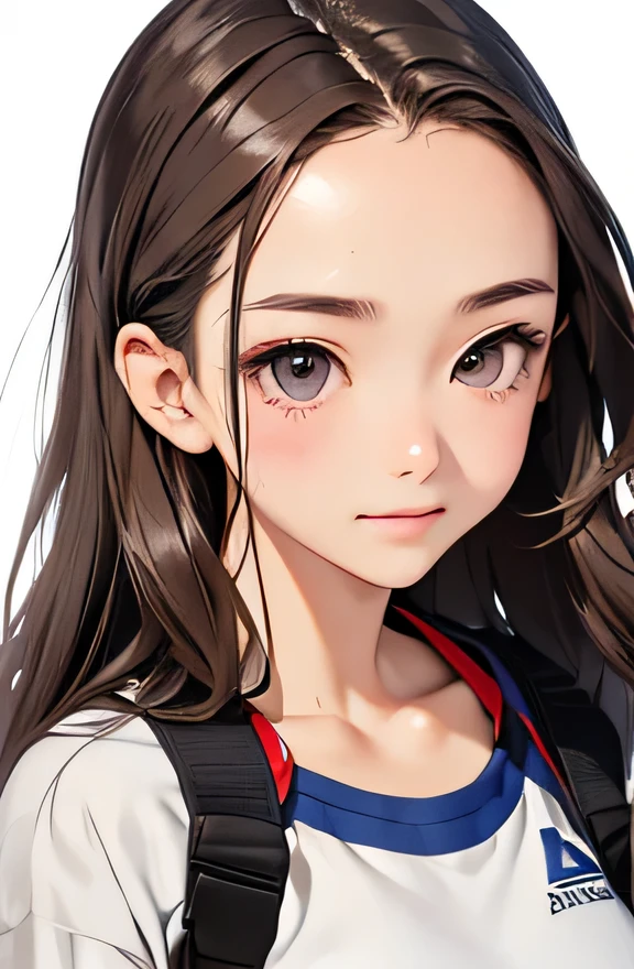 highest quality、realistic、Japanese、girl、zoom、cute、gray eyes、long hair、chestnut hair、all back、The forehead is out、playground、Gym suit、double piece、look down、A big smile、Sweat、bust shot、slender、small breasts