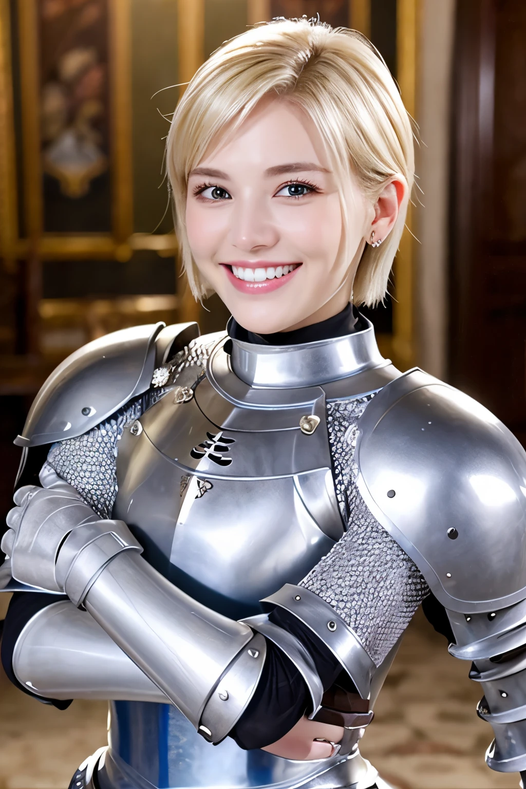 high quality、８ｋ、female knight、The background is a room in a castle.、Luxurious Silver Armor、smile、beautiful teeth、full body photo、hairstyle short cut、ear piercing、white woman、blonde hair、blue eyes、Gummy Smile、、heavy makeup、