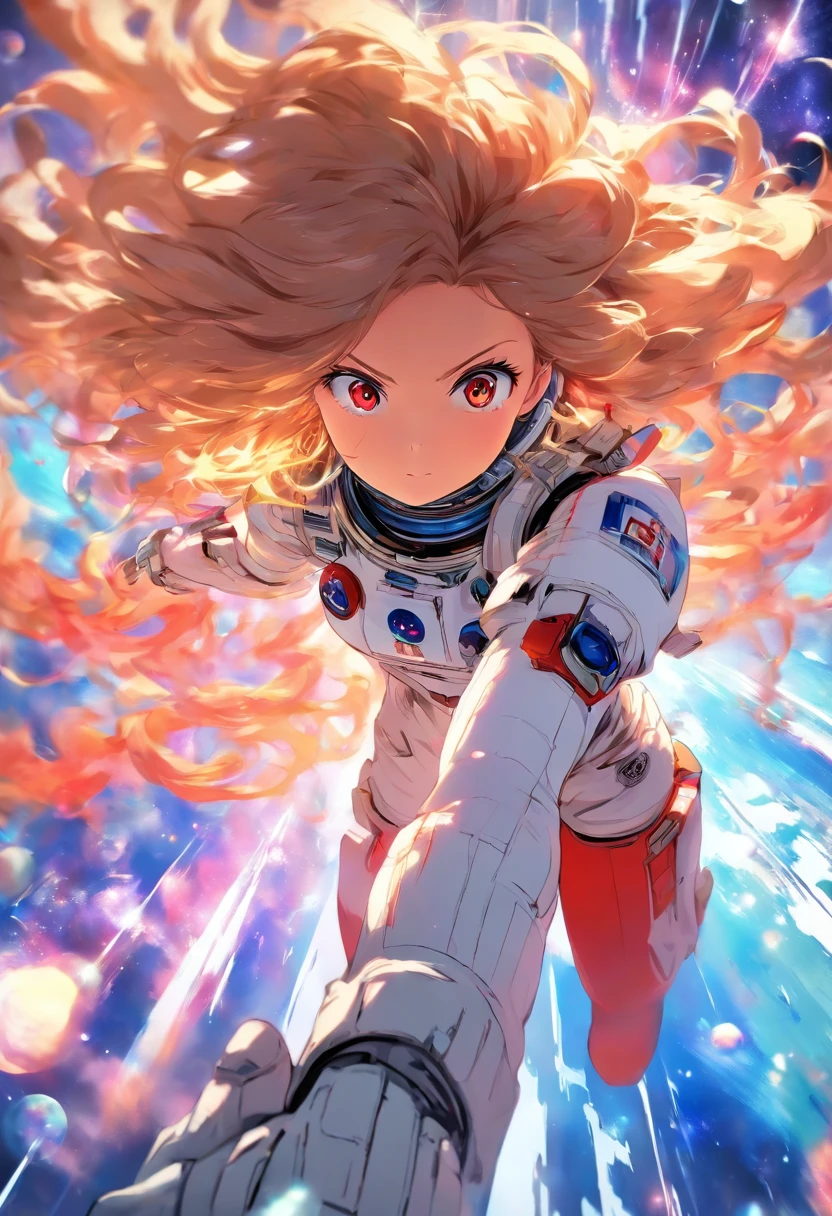 angle, depth of field, masterpiece, Best quality, 1 girl, белые long hair, Red eyes, long hair, In space, air bubble, One, I look at the viewer, space station, flight, dappled sunlight,
