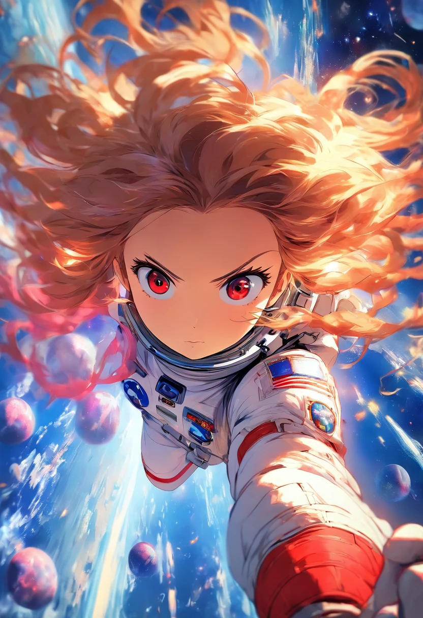 angle, depth of field, masterpiece, Best quality, 1 girl, белые long hair, Red eyes, long hair, In space, air bubble, One, I look at the viewer, space station, flight, dappled sunlight,