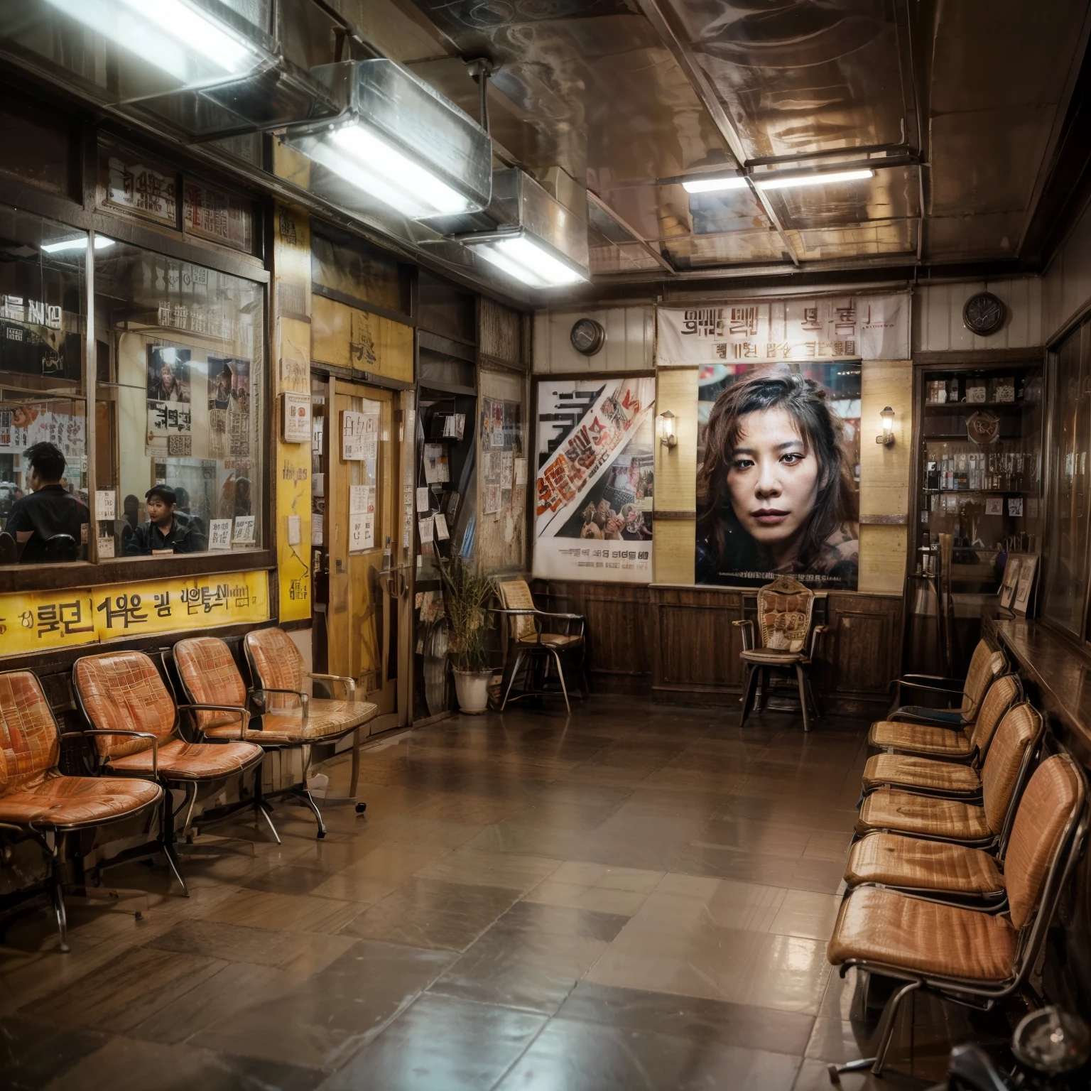 Lots of chairs in the room，There are posters on the walls, Movies are still in 8k, cinematic. author：Leng Jun, Wong Kar Wai style, Tattoo parlor photos, Korean film noir, author：Zhang Chengye, [ Realistic photos ]!!, 2 4 mm iso 8 0 0 color, author：Master Kanwen, Set within the bank