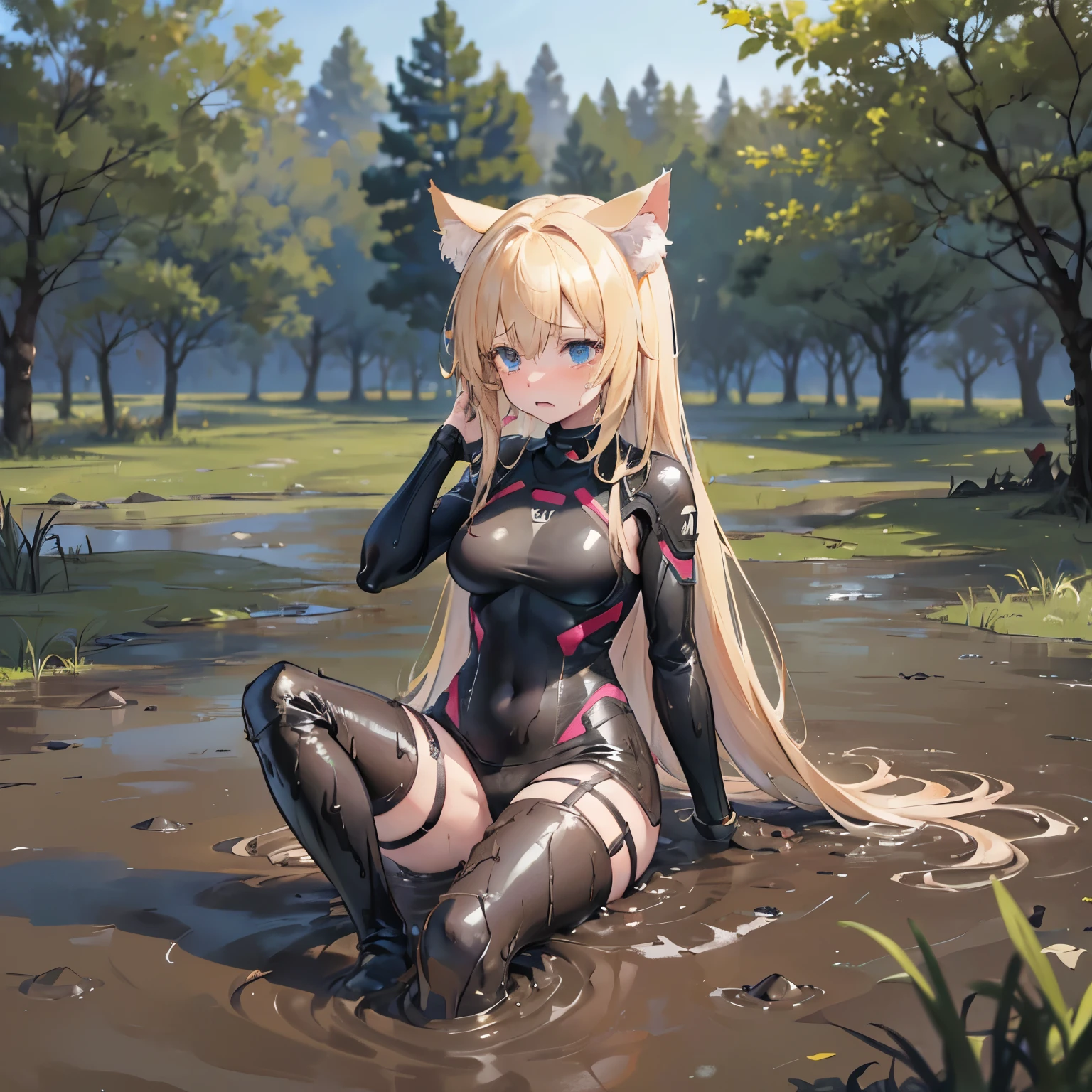 （best quality)，（detailed), (a girl），Struggling in the muddy swamp, Legs stuck in the mud, Covered with mud, With an expression of despair，crying，A cat&#39;s tail，Cat ears on top of head，black boots，medium breasts，Future combat suit