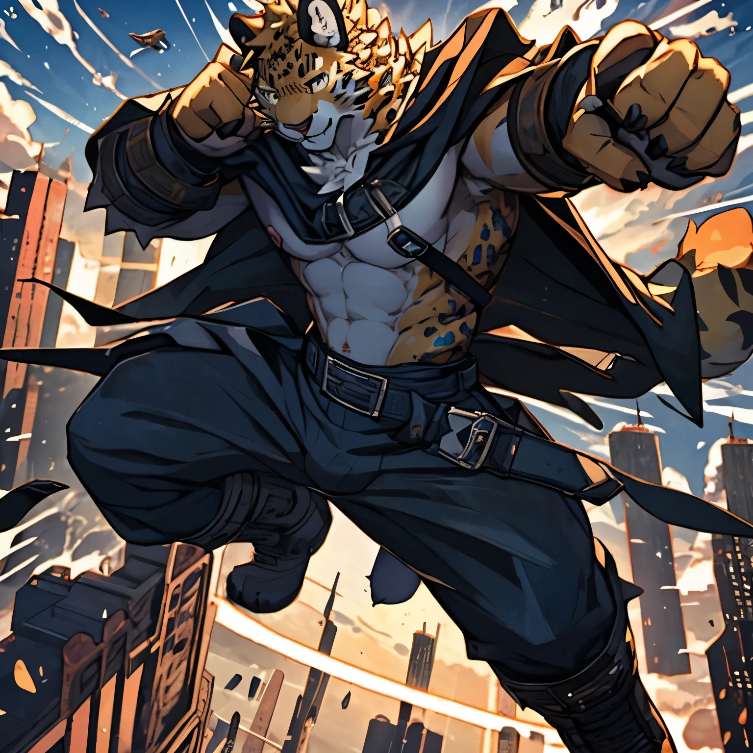 Super hero，4k, actual, high detail, super detailed, Leopard，juvenile，Golden fur，Strong body，Leather jacket，wearing a cape，look at screen，Prepare for a fight，Fly high in the sky，The background is a tall building，individual。