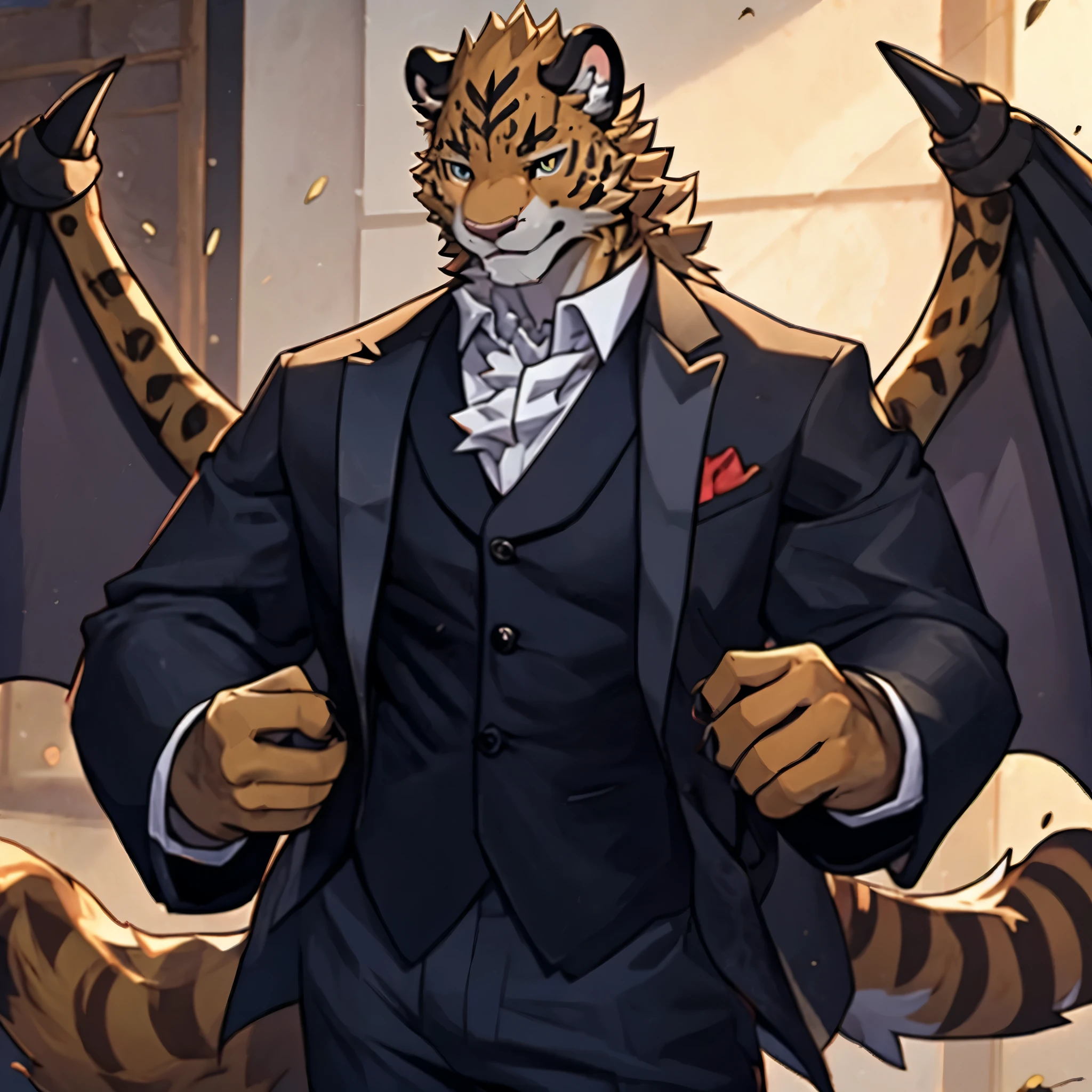 vampire，4k, actual, high detail, super detailed, Leopard，juvenile，Golden fur，wearing a suit，Bat wings grow on the back，Proud