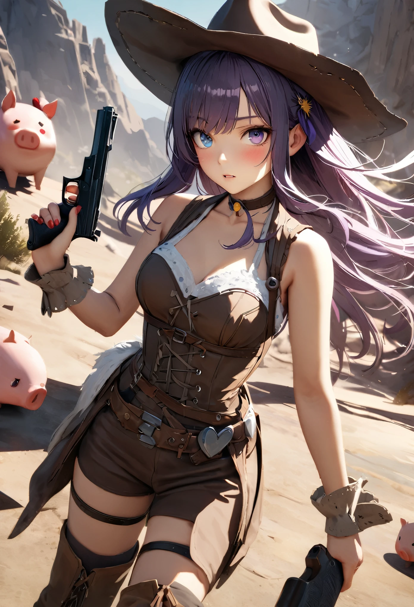 Masterpiece, Best Quality, Super Detailed, High Definition, Expensive Resolution, HDR, 4k, 8K, Unity 8k Wallpaper, Super Detailed CG, Masterpiece, Realistic, 2D, 3D, Beautiful Details, Depth, Fine Texture, Super Fine: 1.3, Complete concentration, crisp, skin, .he, very cute anime girl, ((red left eye, blue right eye, odd eye)), break, desolate wilderness, cowboy style costume, cowboy hat, cowboy boots, handgun, cute anime lots of pigs, Mexican wilderness, long purple hair in cowboy style costume, {blue right eye, red left eye, odd eyes}, Break, one girl, one person, long purple hair, cowboy style, cowboy hat, handgun, Dueling, cowboy boots under eyes, looking at camera, expensive, blush, mole, parted lips, hair ornament, heart, choker