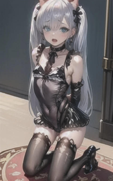 masterpiece,1girl,solo,cat ears,twintails, hair over one eye, demon_wings,small breasts, blue_eyes, blush,open mouth, low wings, torn legwear, (kneeling:1.3),bound arms, ((bondage)),shibari,rope,(arms behind back:1.4),indoors,
