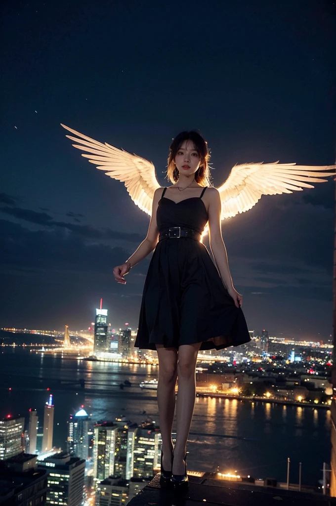 This image is、It depicts an angelic woman floating above the city at night.。. The golden city lights create a dramatic atmosphere., Its delicate presence and dark wings contrast with the urban environment.. Women appear protective and vigilant.