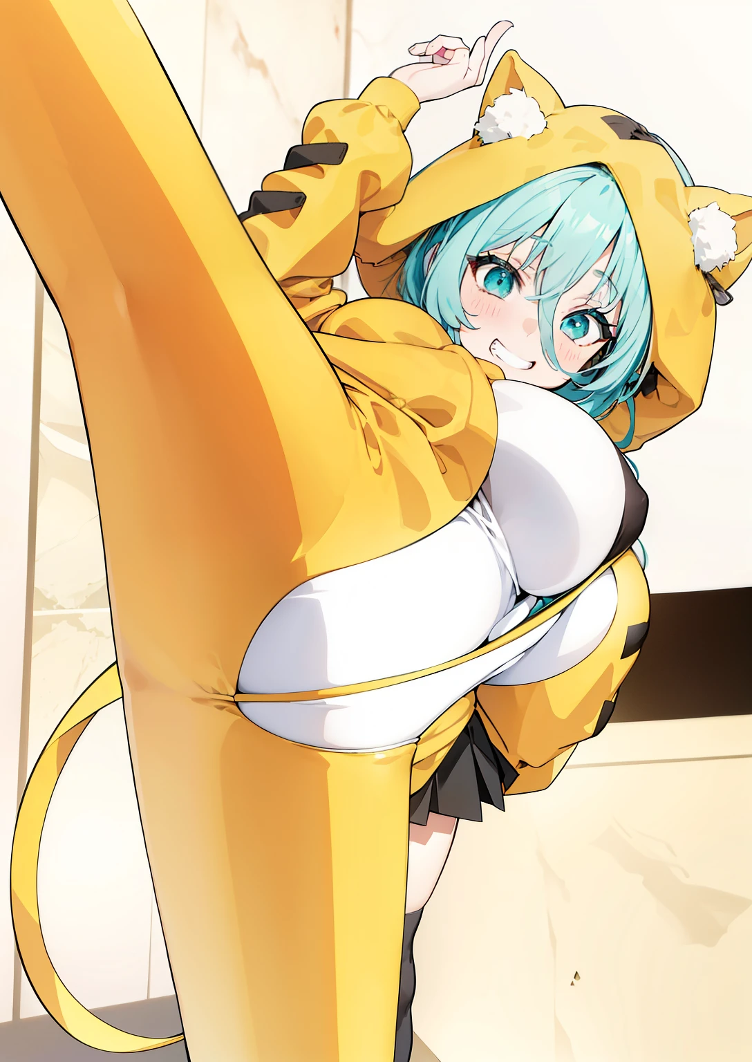 bandage ((masterpiece:1.2)), highest quality, ((extreme details)), (official art), (ultra-get used to it), anime screencap, very, get used to it, (cg), (3D), 8K, anime, unified model, wallpaper, cowboy shot, 1 girl, (alone), let me'The tale of, @let me'The tale of, alternative breast sizes, (half closed eyes), aqua eye, twin tails, aqua hair, aqua necktie, black skirt, mini skirt, pleated skirt, black stockings, black sleeves, removed sleeve, (((huge breasts))), sleeveless shirt, open your mouth, looking at the viewer, (grin and laugh), (tight clothes), (gray blouse), (thick thighs), ((wide hips)), (wrinkles on clothes),