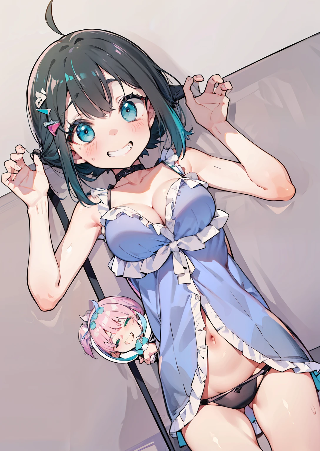 Bursting breasts, huge breasts, huge breasts ((masterpiece:1.2)), highest quality, ((extreme details)), (official art), (ultra-get used to it), anime screencap, very, get used to it, (cg), (3D), 8K, anime, unified model, wallpaper, cowboy shot, 1 girl, (alone), let me'The tale of, @let me'The tale of, alternative breast sizes, (half closed eyes), aqua eye, twin tails, aqua hair, aqua necktie, black skirt, mini skirt, pleated skirt, black stockings, black sleeves, removed sleeve, (((huge breasts))), sleeveless shirt, open your mouth, looking at the viewer, (grin and laugh), (tight clothes), (gray blouse), (thick thighs), ((wide hips)), (wrinkles on clothes),