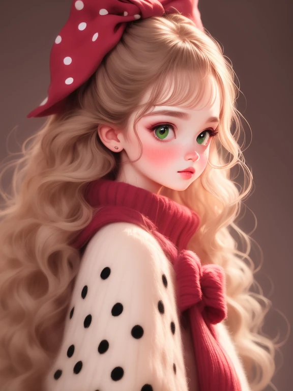 (masterpiece, best quality:1.2),a beautiful girl，Skin detail processing，The eyes are finely described，Delicate hair，wavy long hair，Long light hair，Wear a large bow on your head，Black Sweater，white dots，skirt，green，clean background