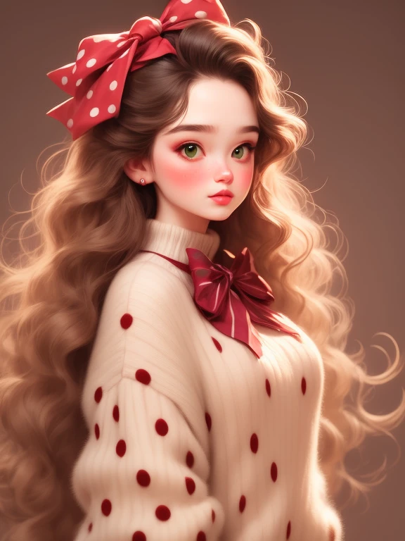 (masterpiece, best quality:1.2),a beautiful girl，Skin detail processing，The eyes are finely described，Delicate hair，wavy long hair，Long light hair，Wear a large bow on your head，Black Sweater，white dots，skirt，green，clean background