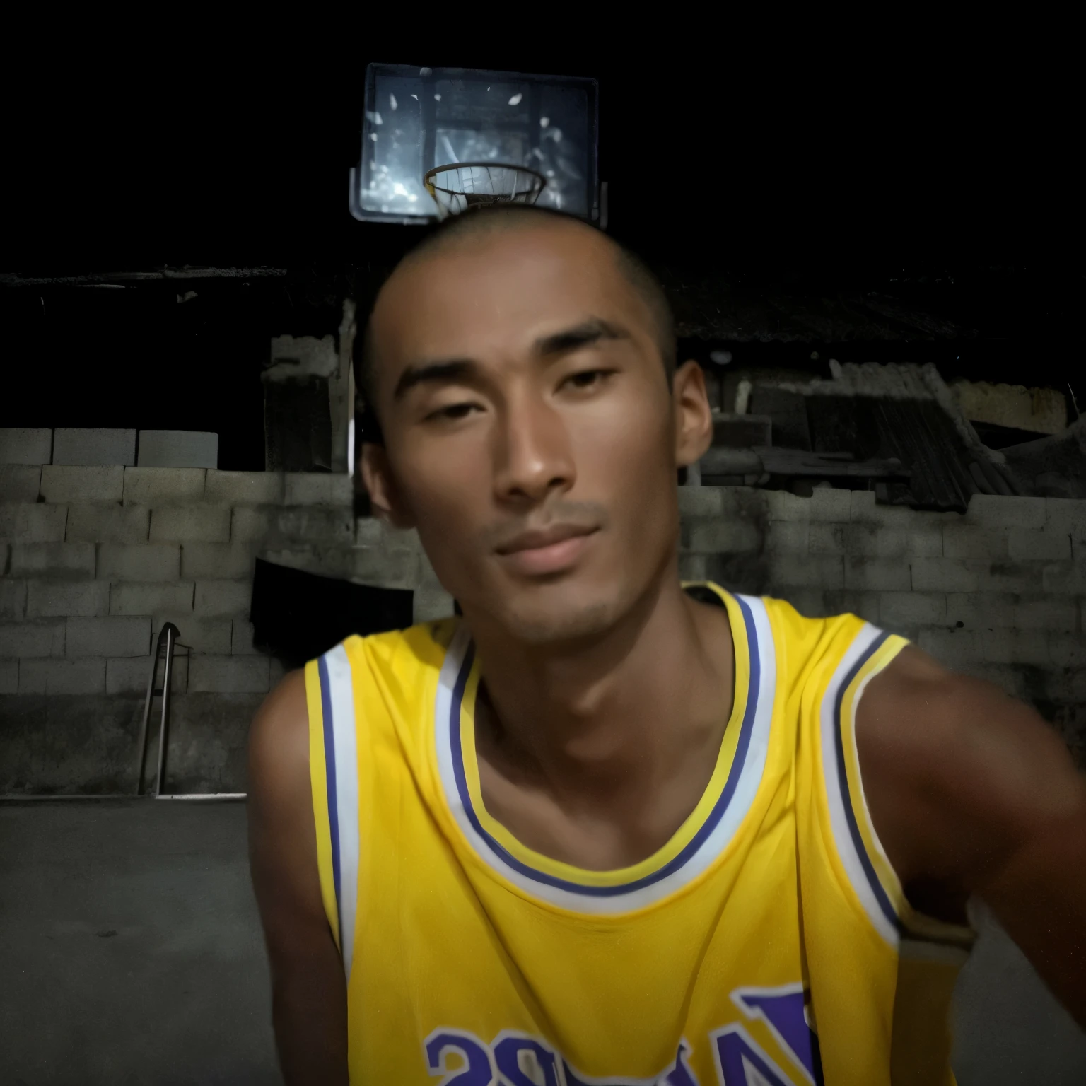 arafed man in a yellow jersey with a basketball hoop in the background, wearing basketball jersey, face shot, 1 7 - year - old boy thin face, potrait, shaven face, long chin, thawan duchanee, 2 , real ungine, large forehead, buzzed hair on temple, bigger forehead, full head shot,Kobe Bryant, black