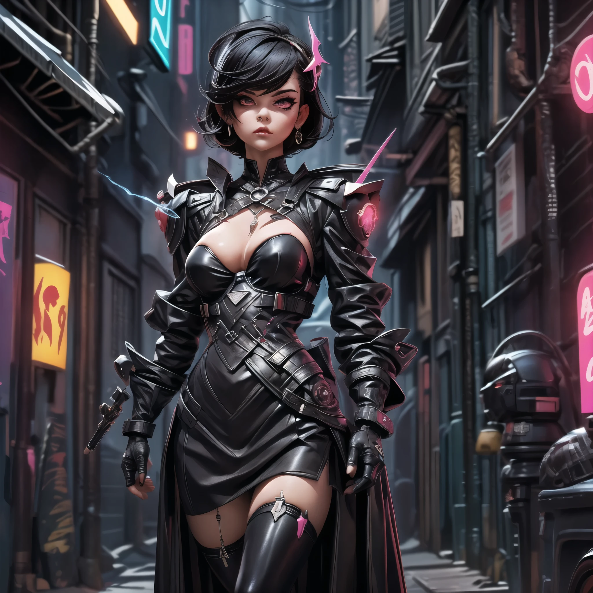 gothic girl, mature, woman, short hair, black hair, pale white skin, red eyes, droopy eyes, big eyelashes, serious look, serious expression, eyebrows done, outlined, shadow, smoking cigarette, black robes, cleavage, black leather jacket, detailed black skirt, black heels, big, dark, shadows, night, dark, black, gloomy, breasts, big ass, leaning against the wall, dark alley, neon lights, cyberpunk, dirty alley, alley, smoking cigarette, anime, night, night city , add_detail:1