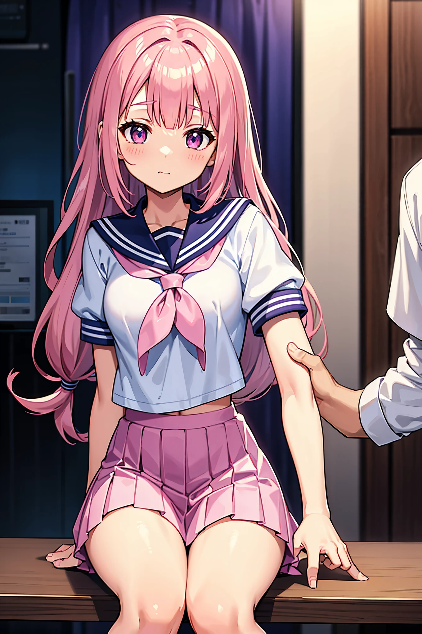 A pink-haired high school girl in a sailor uniform receives a vaccination、A man grabs your arm、Take the syringe and stick it into your upper arm.。.
