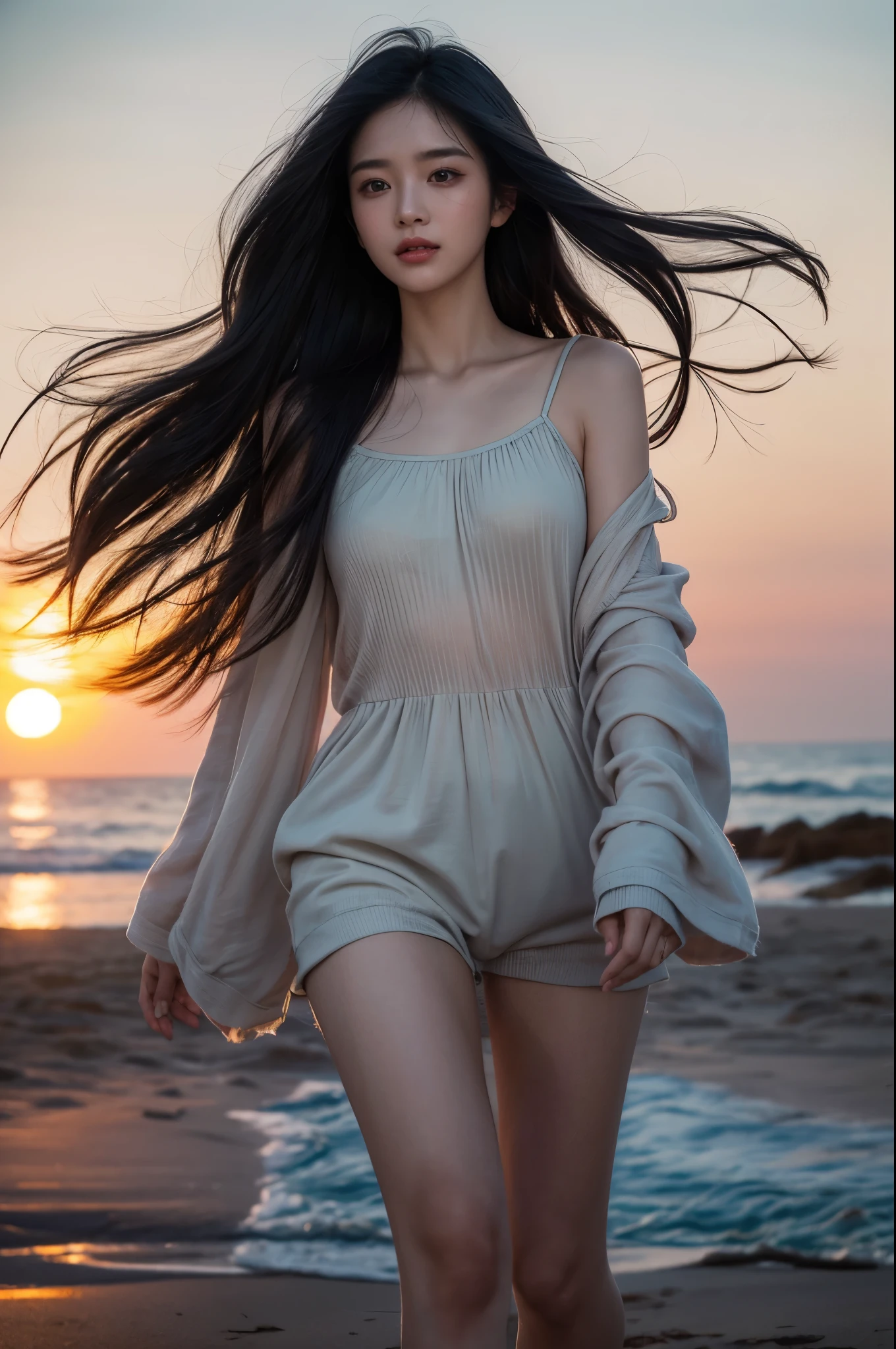 low light dark pastel tones, The is very detailed,(The face is very detailed),Look at the audience, great quality, reflecting, (Natural happy girl running on the beach, Long black hair flying, gauze pajamaeautiful sunset on the beach, Dark 80s dystopia《bladerunner》styled, Blushing and questioning view from below, dynamic scene, The is very detailed, hyper HD, tmasterpiece,