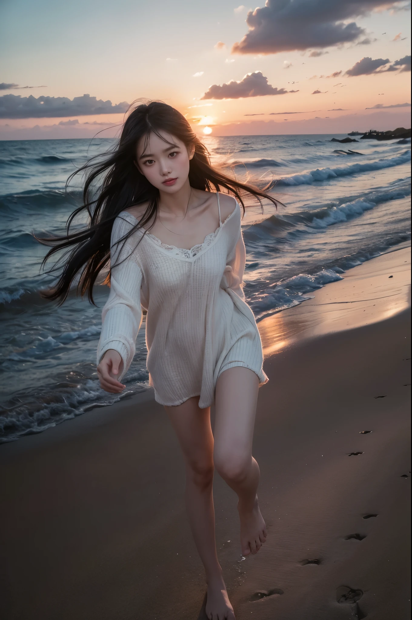 low light dark pastel tones, The is very detailed,(The face is very detailed)，Look at the audience， great quality, reflecting, (Natural happy girl running on the beach, Long black hair flying, gauze pajamaeautiful sunset on the beach, Dark 80s dystopia《bladerunner》styled, Blushing and questioning view from below, dynamic scene, The is very detailed, hyper HD, tmasterpiece,