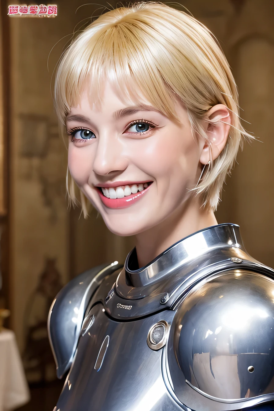 8k、female knight、The background is a room in a castle.、Luxurious Silver Armor、smile、beautiful teeth、full body photo、hairstyle short cut、ear piercing、white woman、blonde hair、blue eyes、Gummy Smile、、heavy makeup、