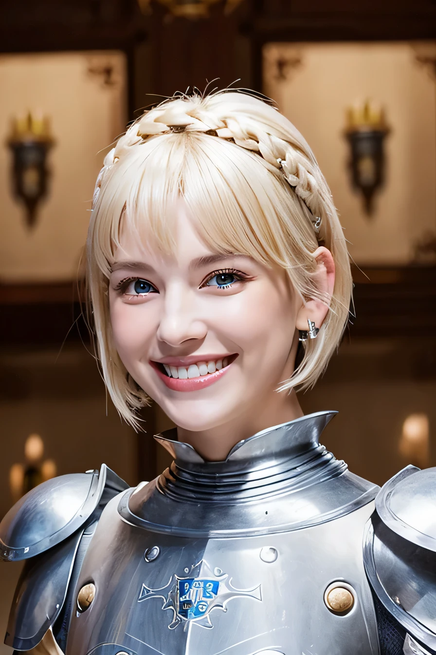 8k、female knight、The background is a room in a castle.、Luxurious Silver Armor、smile、beautiful teeth、full body photo、hairstyle short cut、ear piercing、white woman、blonde hair、blue eyes、Gummy Smile、、heavy makeup、
