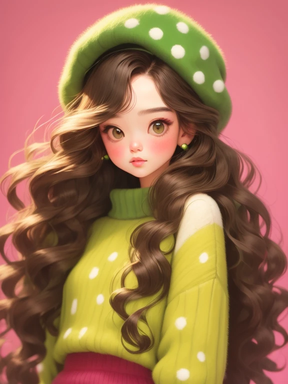 (masterpiece, best quality:1.2),a beautiful girl，Skin detail processing，The eyes are finely described，Delicate hair，wavy long hair，Long light hair，Berets，Green sweater，white dots，skirt，Retro contrasting colors，clean background
