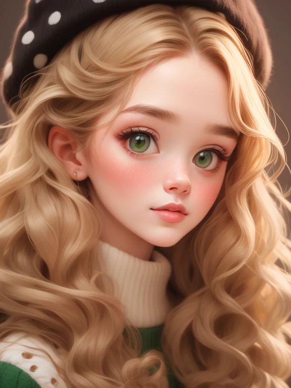 (masterpiece, best quality:1.2),a beautiful girl，Skin detail processing，The eyes are finely described，Delicate hair，wavy long hair，Long light hair，Berets，Green sweater，white dots，skirt，Retro contrasting colors，clean background
