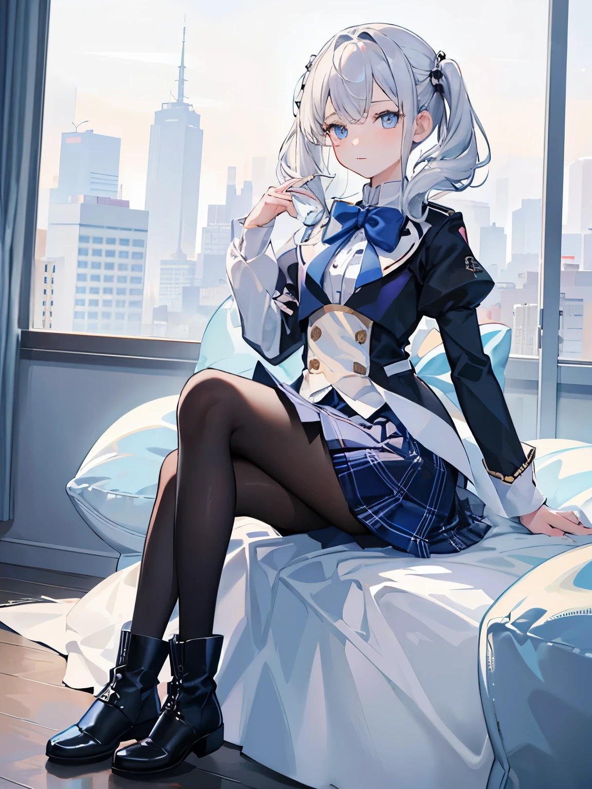 masterpiece, best quality, {best quality}, {{masterpiece}}, {high resolution}, girl，student，Uniforms，jk ，blue plaid skirt，white hair，cute，1girl，Small black boots，white pantyhose，beauty，big blue eyes