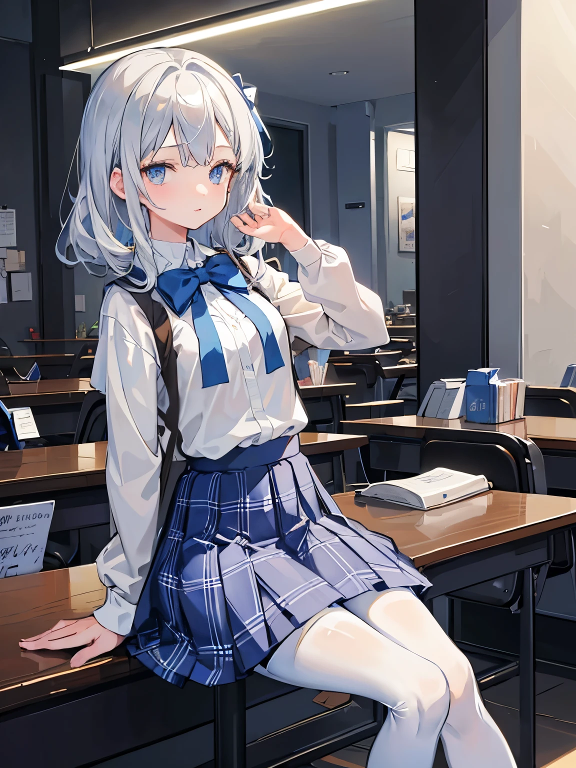 masterpiece, best quality, {best quality}, {{masterpiece}}, {high resolution}, girl，student，Uniforms，jk ，blue plaid skirt，white hair，cute，1girl，Small black boots，white pantyhose，beauty，big blue eyes