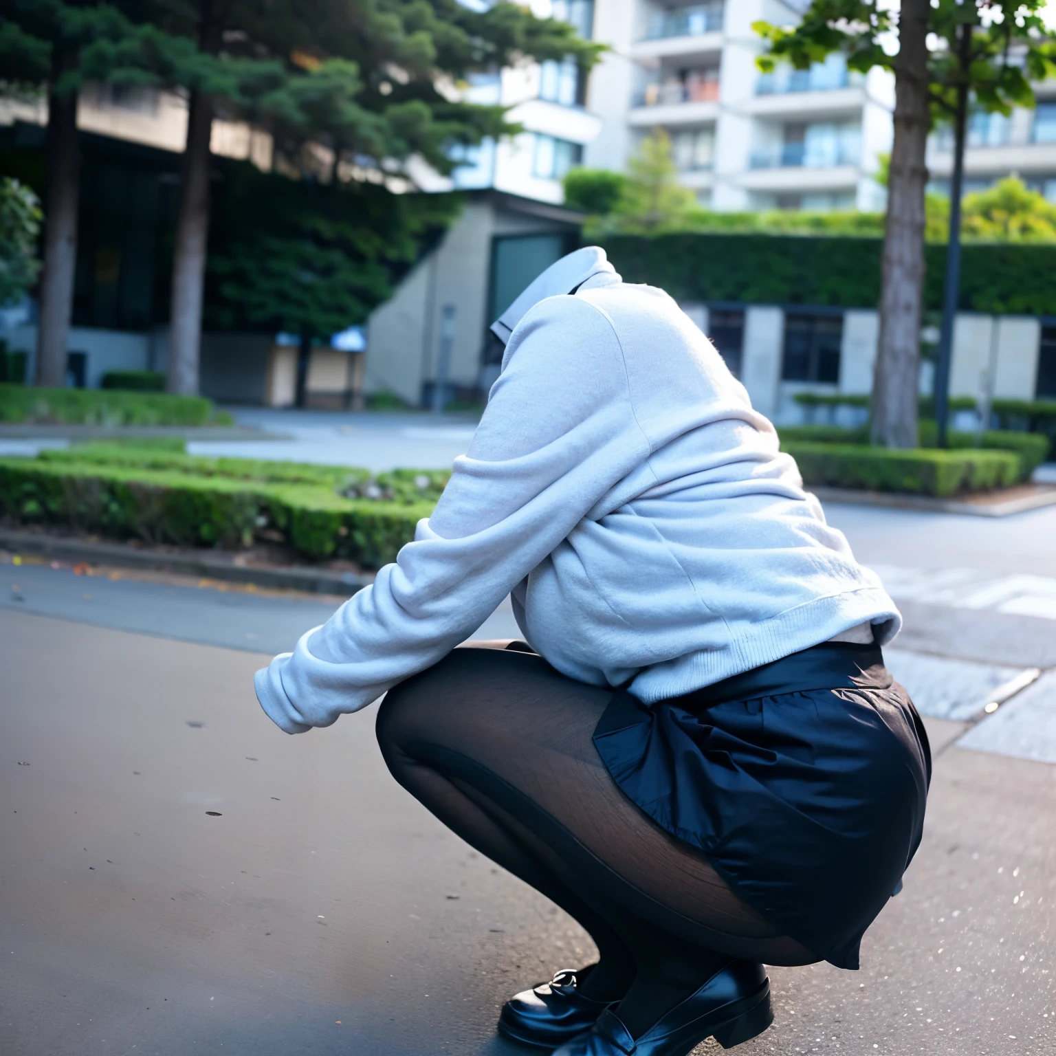 school, dark blue skirt, chubby, fat, short skirt, tights, school tights, loafers, from side, squatting, (invisible, no humans, headless, faceless:1.5), cute big breasts