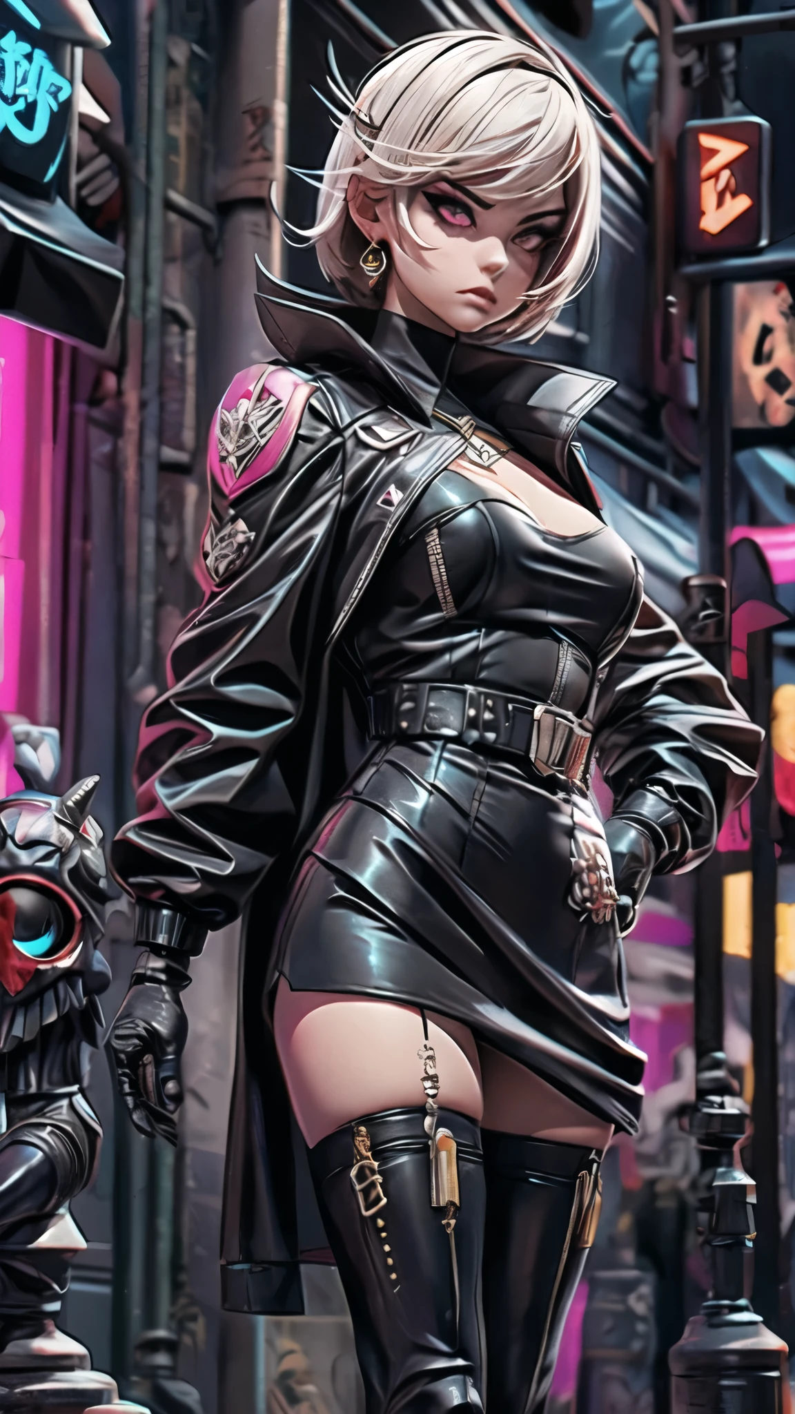 In a post-apocalyptic, warrior faces a bloody battle. With heavy rain and lightning illuminating the place, they cast powerful spells, leaving blood marks on the walls. The ground is covered by skulls, witnesses to previous battles. (((full body))) With magical abilities and deadly weapons, They fight fiercely until one of them delivers a fatal blow, eye reflection, evil smile, expressions, seductive smile, high detail, Surrealism, anatomically correct, super detail, neon ring in the background, cyberpunk art style, cyberpunk style, cyberpunk style, cyberpunk character, hyperrealistic cyberpunk style, cyberpunk style color