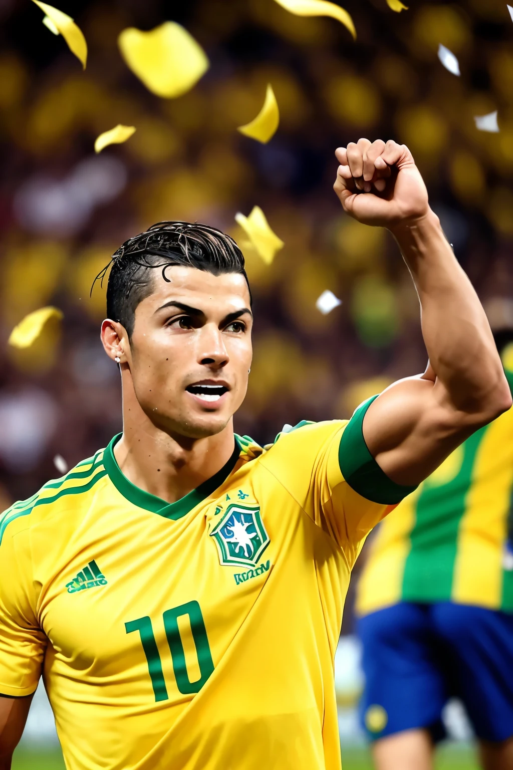 Cristiano Ronaldo, radiant with joy and wearing Brazil's iconic number 7 shirt, raises his arms in triumph as the packed Maracanã stadium erupts in cheers. The sea of excited fans, dressed in green and yellow, creates a vibrant mosaic of color as they leap and shout in celebration. The sharp focus of the cameras captures every detail, from the sunlight reflecting off Ronaldo's sweat-drenched hair to the confetti raining down from above. The atmosphere is electric, charged with an unmatched sense of energy and excitement. This is a cinematic moment in soccer history, a masterpiece of emotion and passion.