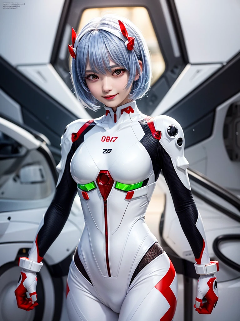 Masterpiece, highest quality, 8K, detailed skin texture, fine cloth texture, beautiful detailed face, intricate details, super detailed, portrait of Rei Ayanami, blue hair, red eyes, looking far away, no background, Evangelion Wearing a plug suit when riding, plug suit, whole body visible, standing, arms crossed, , beautiful, cute, great style, smiling