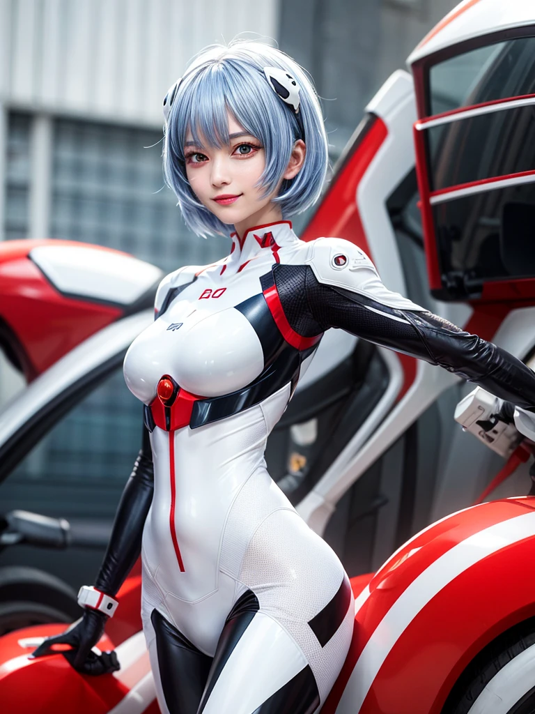 Masterpiece, highest quality, 8K, detailed skin texture, fine cloth texture, beautiful detailed face, intricate details, super detailed, portrait of Rei Ayanami, blue hair, red eyes, looking far away, no background, Evangelion Wearing a plug suit when riding, plug suit, whole body visible, standing, arms crossed, , beautiful, cute, great style, smiling