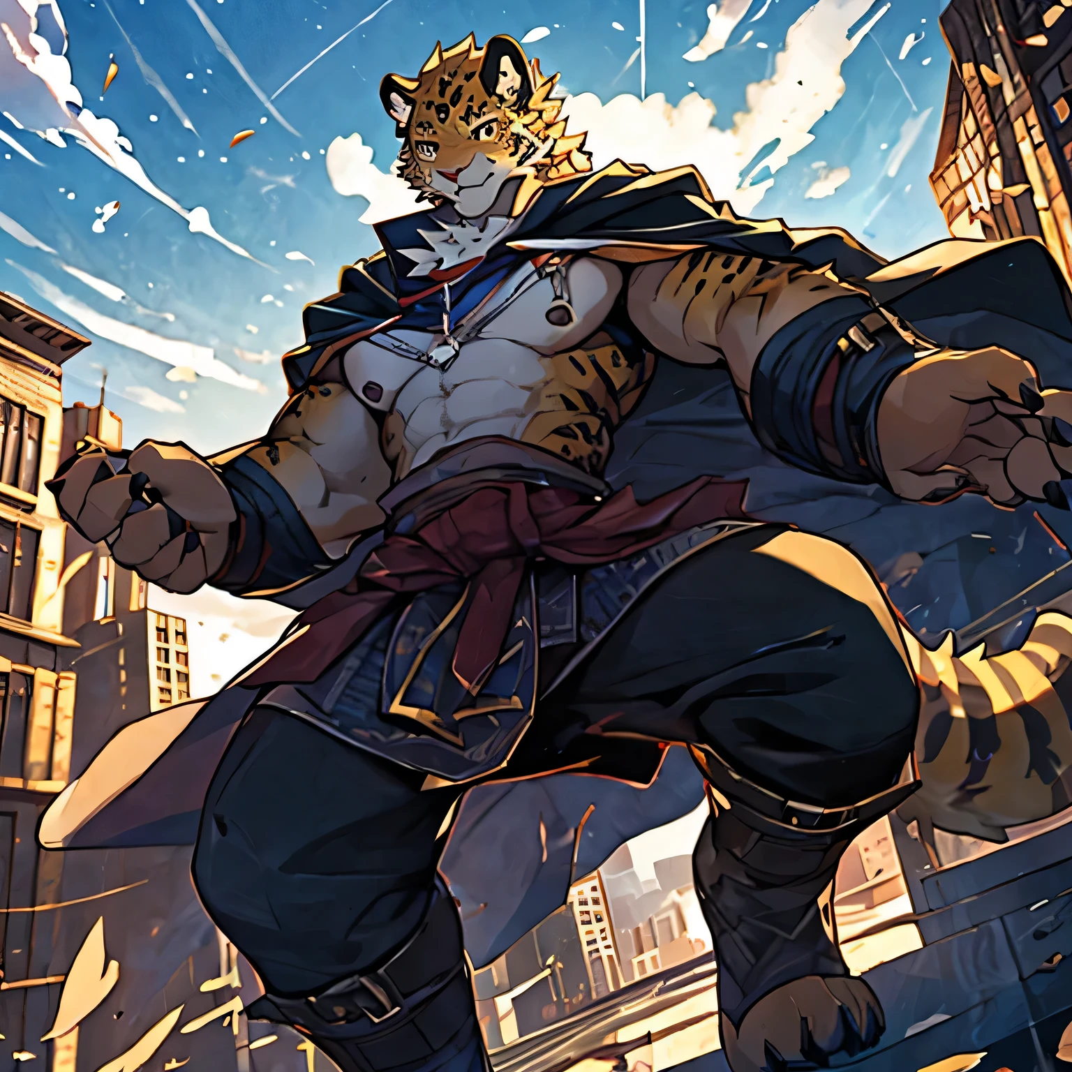 Super hero，4k, actual, high detail, super detailed, Leopard，juvenile，Golden fur，Strong body，Gel coat，wearing a cape，look at screen，Prepare for a fight，Fly high in the sky，The background is a tall building，individual。