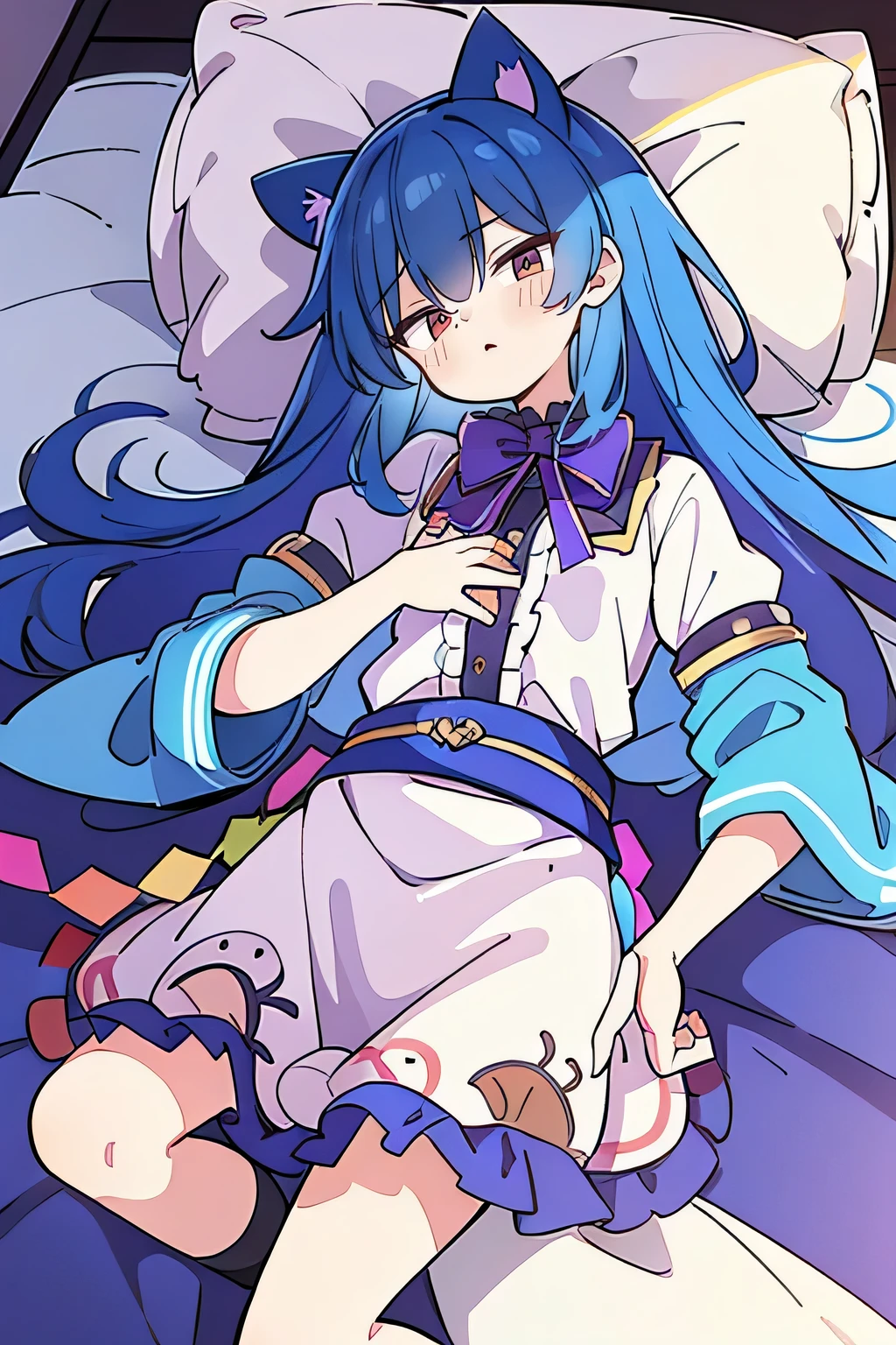 (Masterpiece), best quality, expressive eyes, perfect face, 1girl,
Put your hands on your waist, fair, gorgeous, Japanese comics, girl, Lola, young angel, blue hair, blue hair, flowing clothes, hug the waist, hug the waist, hands on hips, hands on hips, lay down , lying on the ground, legs on the ground, flat chest, cat ears