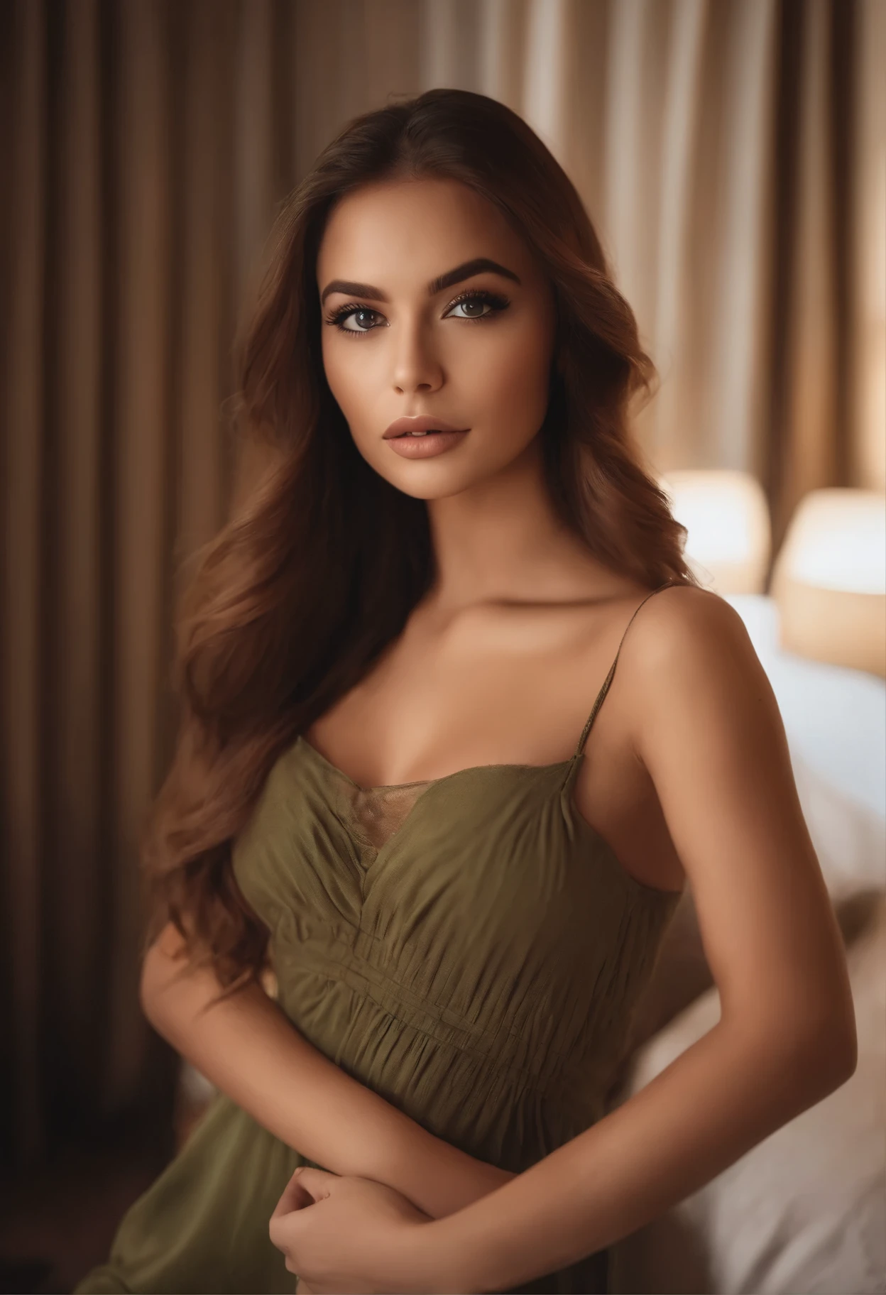 arafed woman fully , sexy girl with green eyes, ultra realistic, meticulously detailed, portrait sophie mudd, brown hair and large eyes, selfie of a young woman, dubai eyes, violet myers, without makeup, natural makeup, looking directly at the camera, face with artgram, subtle makeup, stunning full body shot kneeling on bed, in bedroom, medium to large size bust
