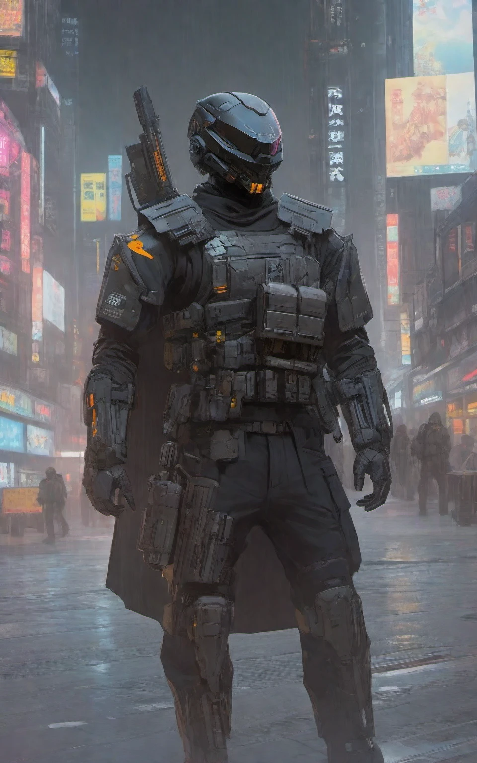  high-res, masterpiece, best quality,  Helmet with a tactical armour, Visor, Shoulder pads, Utility belt, Cyberpunk, futuristic, sharpness, cyberpunk city, insta pic, photo of the year, Tactical vest with ammo pouches, A black cape behind him flowing in the wind,