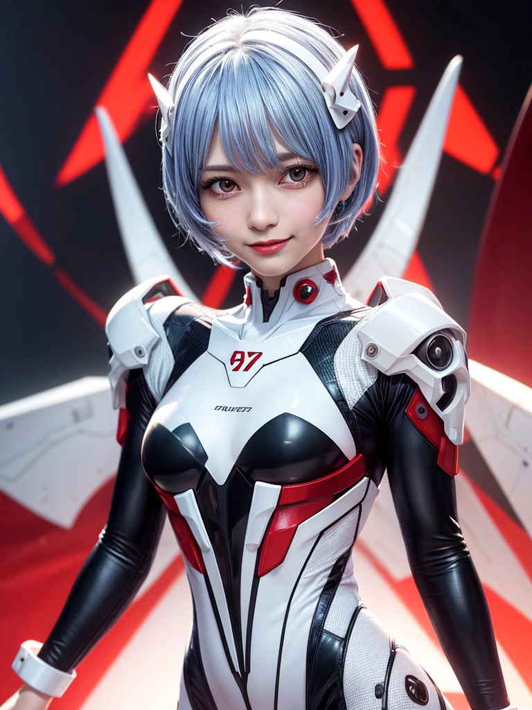 Masterpiece, highest quality, 8K, detailed skin texture, fine cloth texture, beautiful detailed face, intricate details, super detailed, portrait of Rei Ayanami, blue hair, red eyes, looking far away, no background, Evangelion Wearing a plug suit when riding, plug suit, whole body visible, standing, arms crossed, , beautiful, cute, great style, smiling