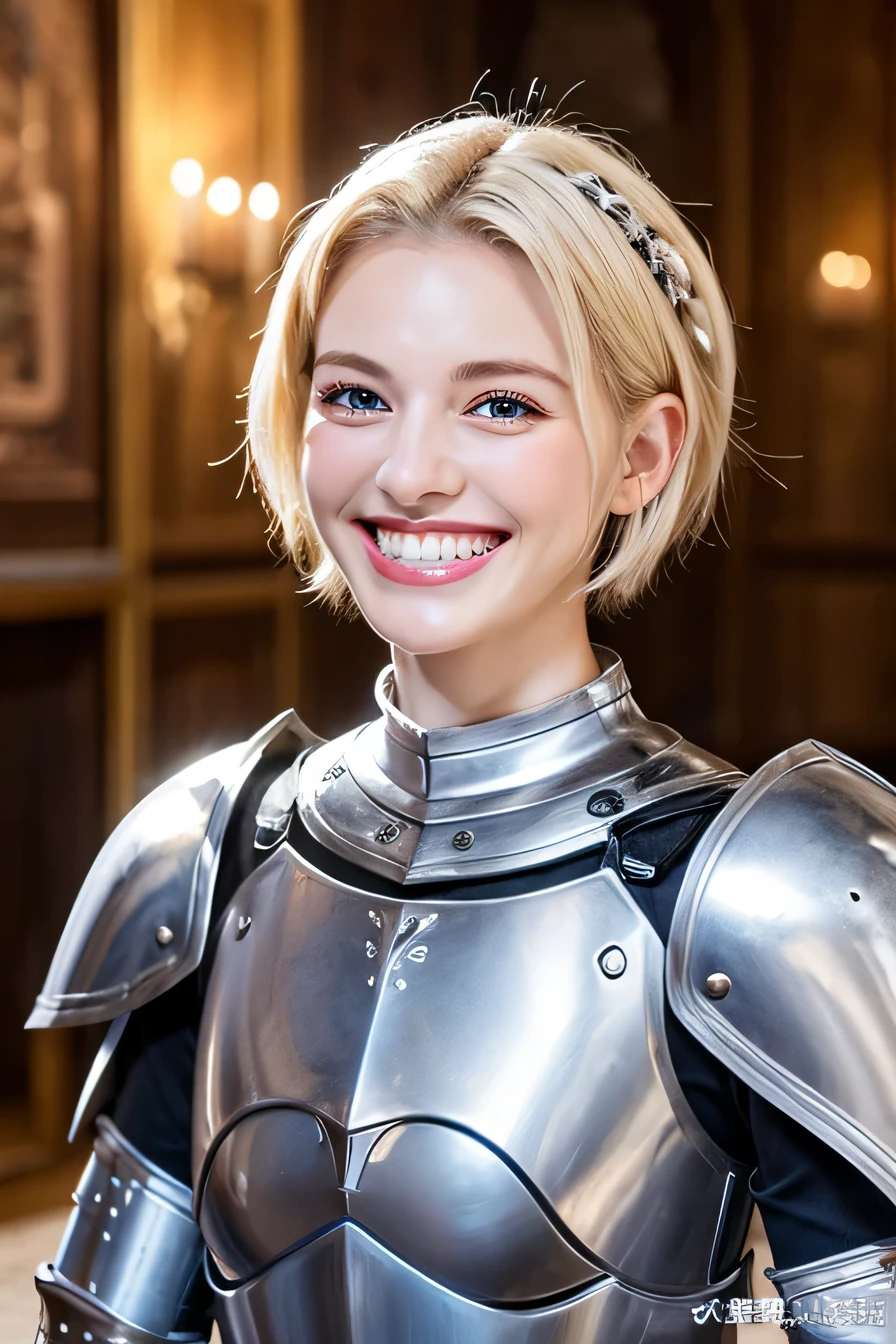 8k、female knight、The background is a room in a castle.、Luxurious Silver Armor、smile、beautiful teeth、full body photo、hairstyle short cut、ear piercing、white woman、blonde hair、blue eyes、Gummy Smile、、heavy makeup、
