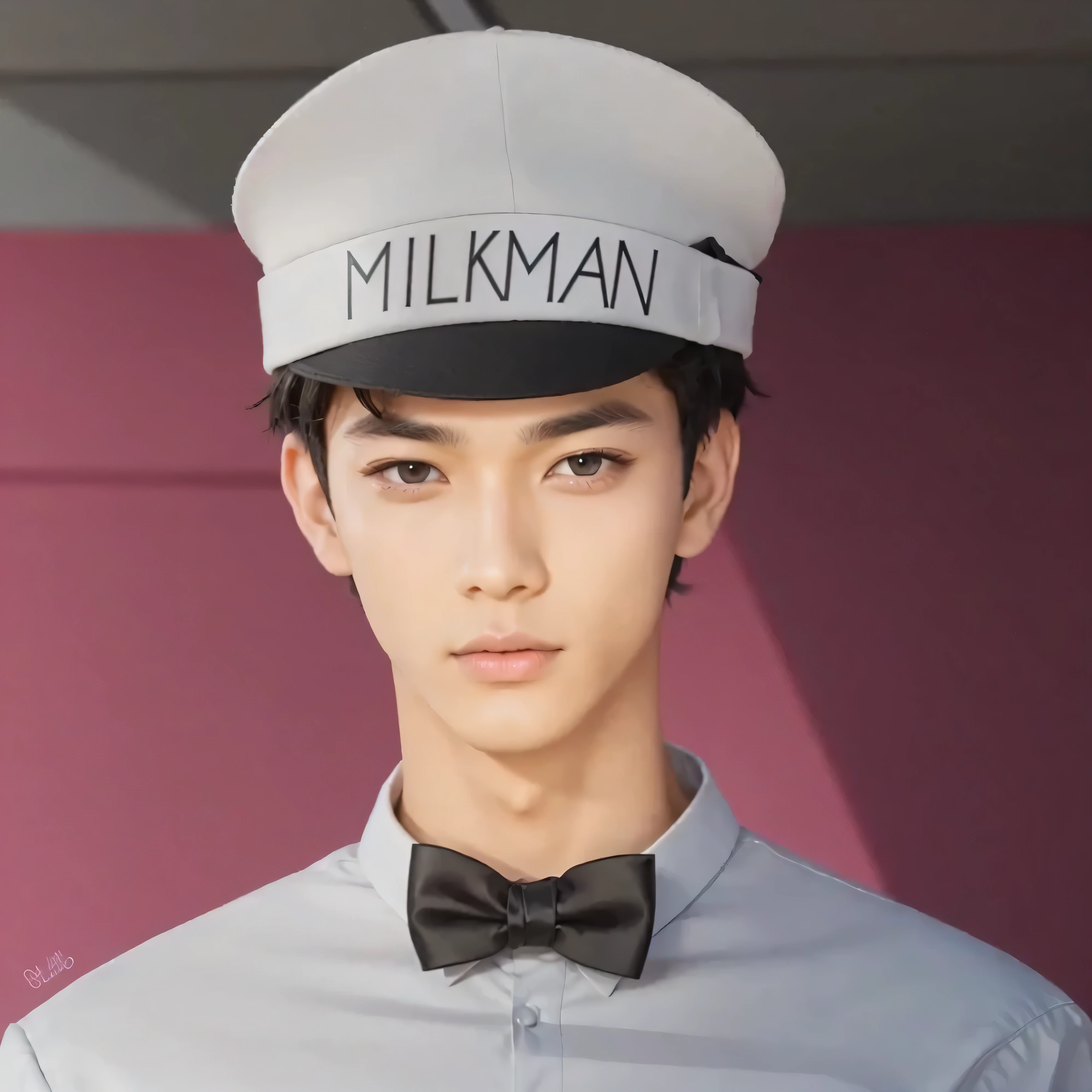 handsome boy, short hair, black hair, brown eyes, white formal with black ribbon