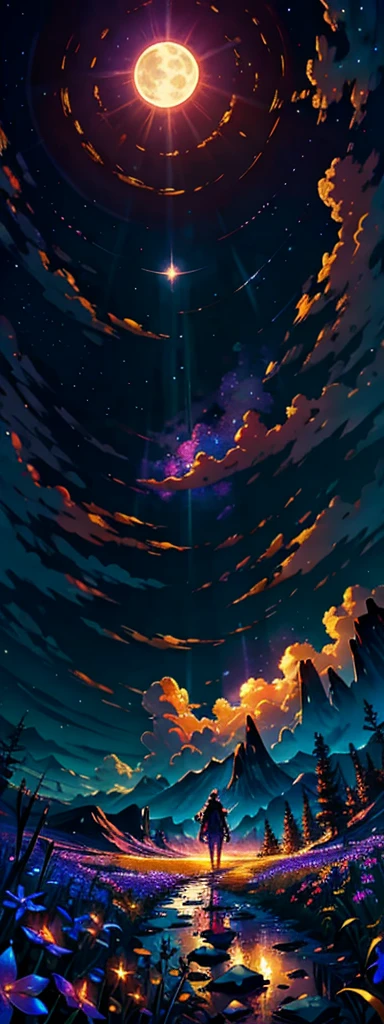 expansive landscape photograph , (a view from below that shows sky above and open field below), a girl standing on flower field looking up, (full moon:1.2), ( shooting stars:0.9), (nebula:1.3), distant mountain, tree BREAK
production art, (warm light source:1.2), (Firefly:1.2), lamp, lot of purple and orange, intricate details, volumetric lighting BREAK
(masterpiece:1.2), (best quality), 4k, ultra-detailed, (dynamic composition:1.4), highly detailed, colorful details,( iridescent colors:1.2), (glowing lighting, atmospheric lighting), dreamy, magical, (solo:1.2)